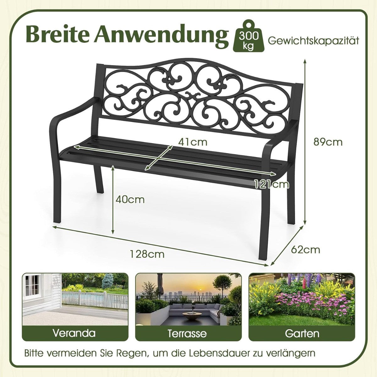 Metal Garden Bench for 2–3 with Floral Backrest