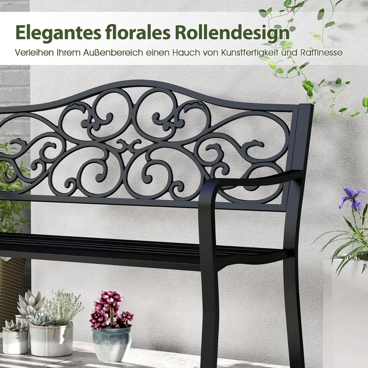 Metal Garden Bench for 2–3 with Floral Backrest