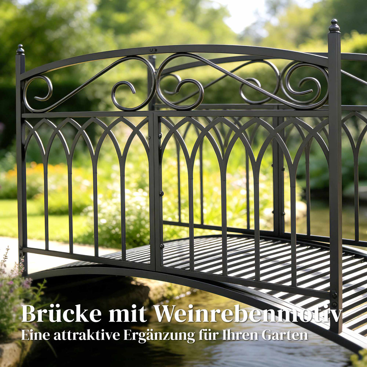 Metal Garden Bridge with Safety Rails, 135.5 cm, Black