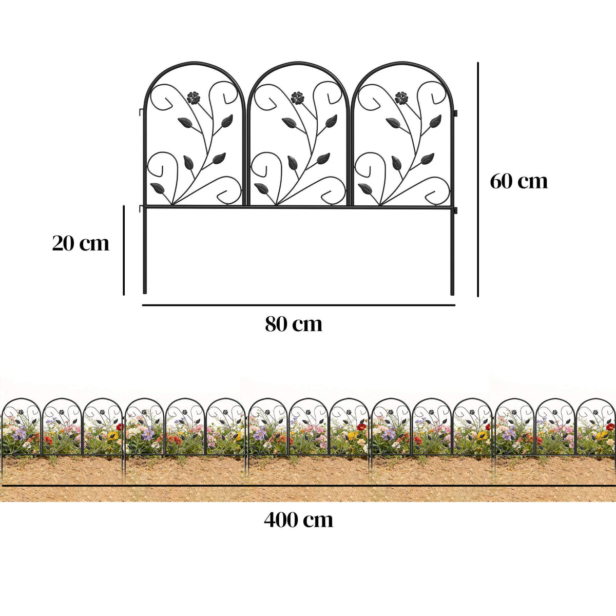 Metal Garden Fence, 80x60 cm Panels, Black, Set of 5