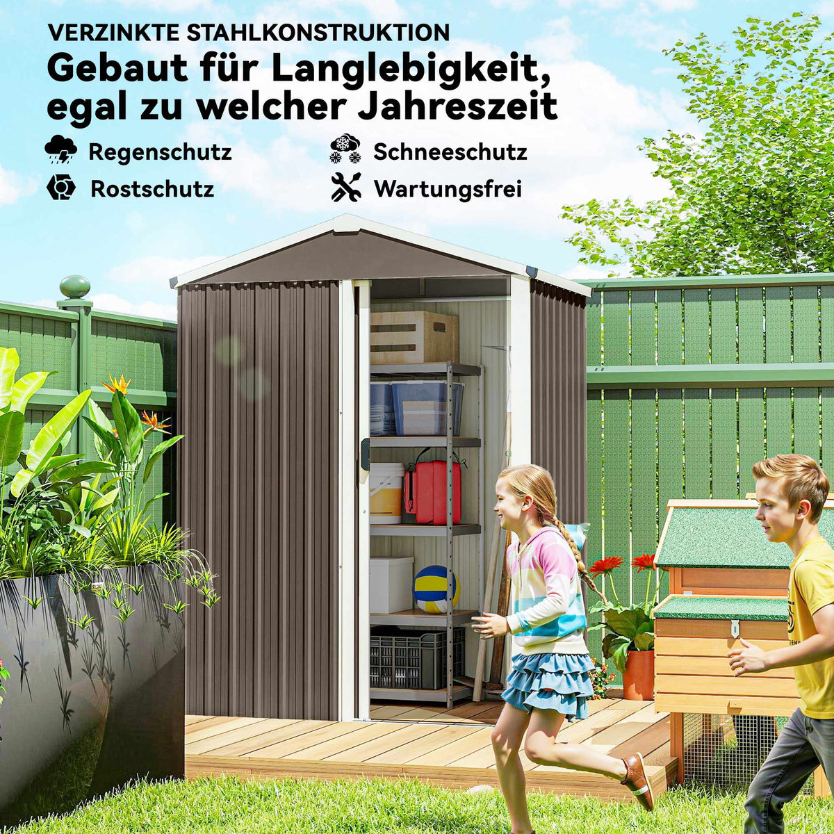 Metal Garden Shed, Galvanized Steel, Sliding Door, Brown