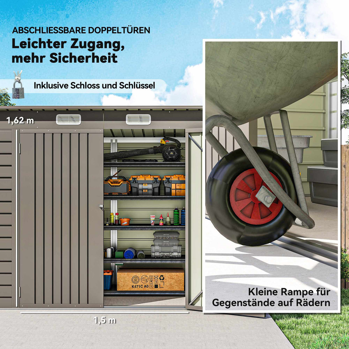 Metal Garden Shed with Double Doors, 249 x 121 x 183 cm, Light Grey