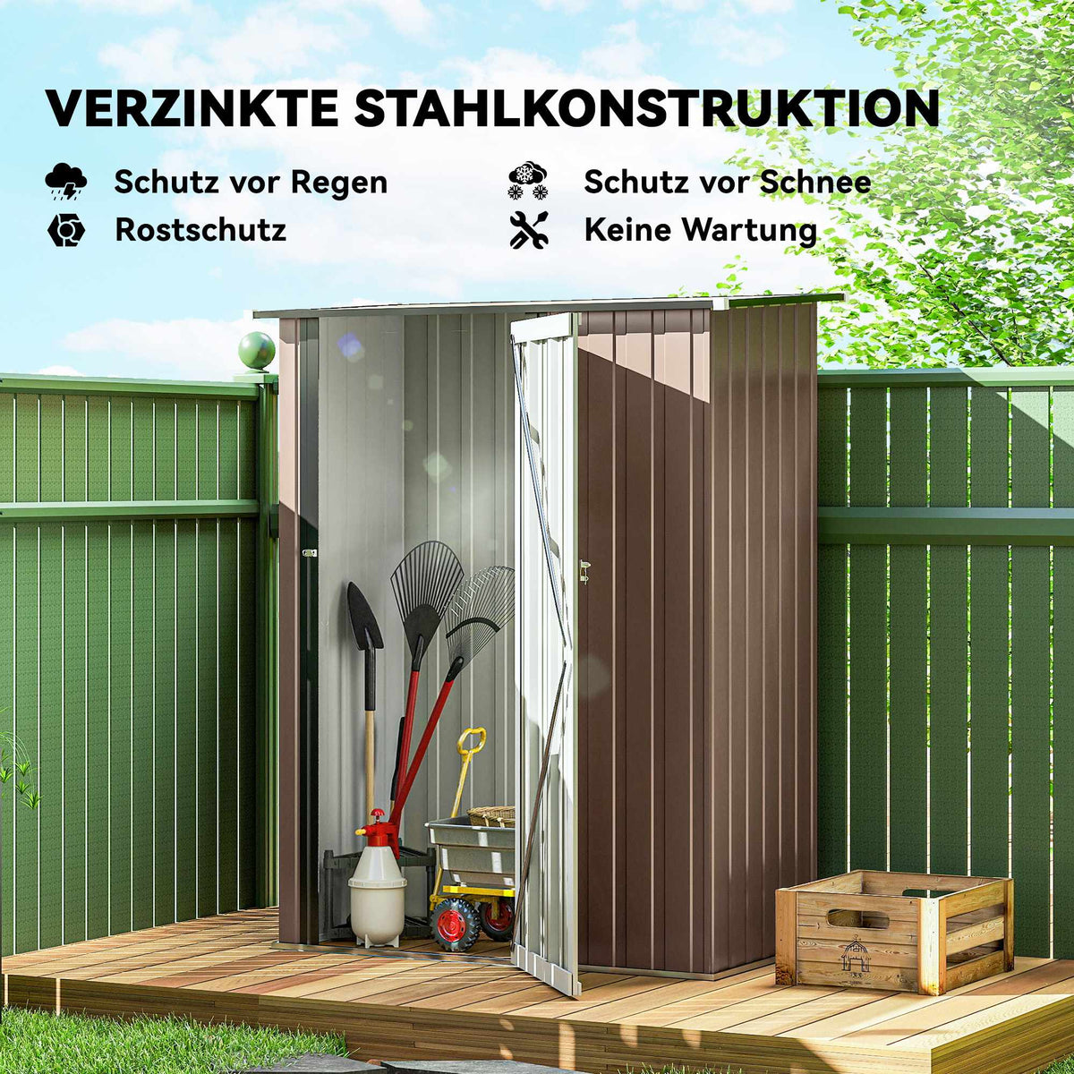 Metal Garden Shed with Sloped Roof, Lockable Door, Brown