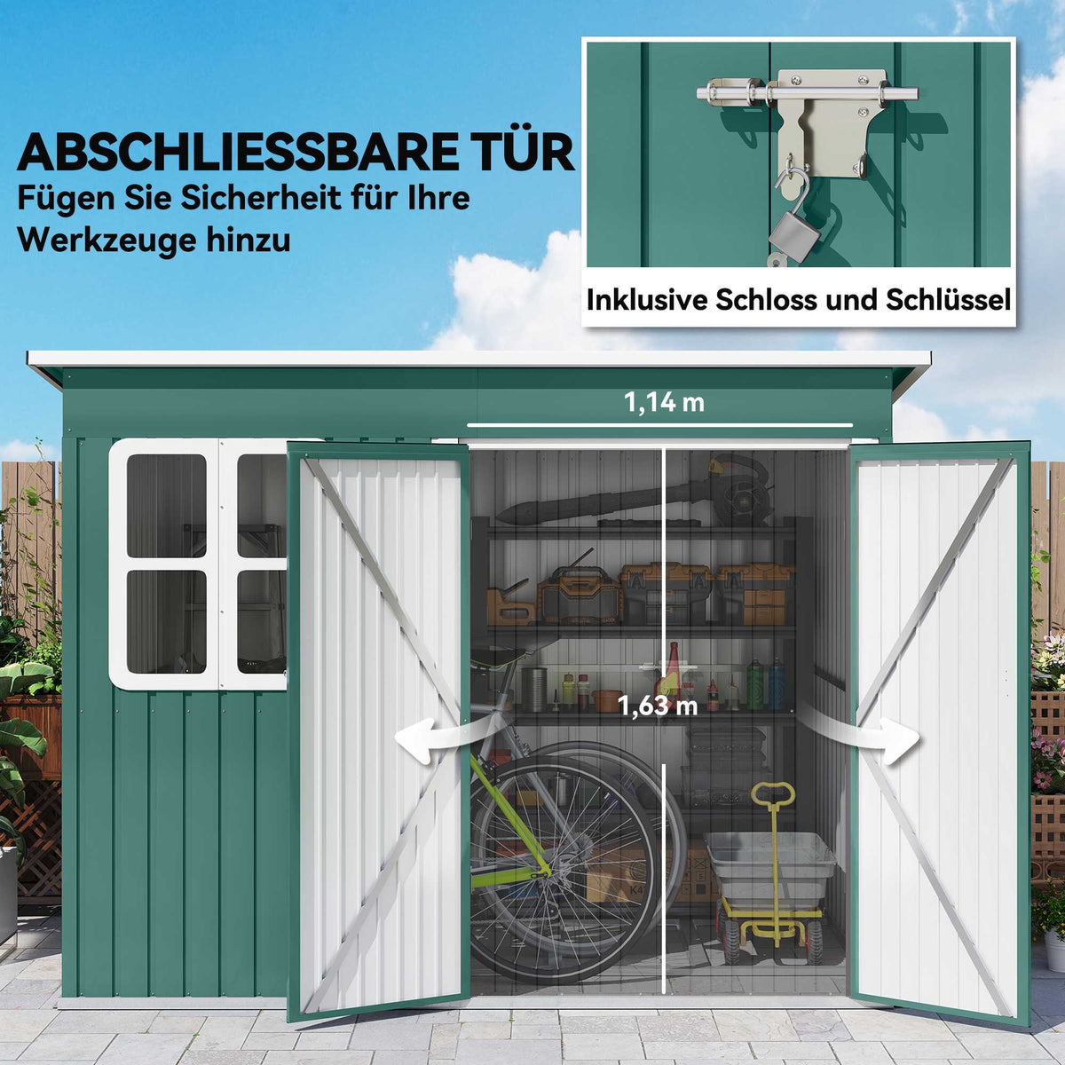 Metal Garden Storage Shed, Window, Wide Door, 260x177x190 cm