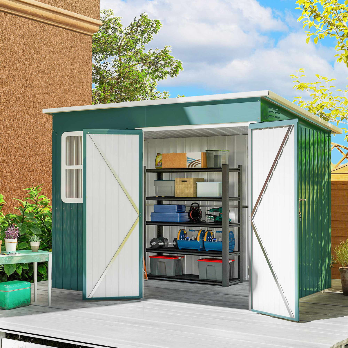 Metal Garden Storage Shed, Window, Wide Door, 260x177x190 cm