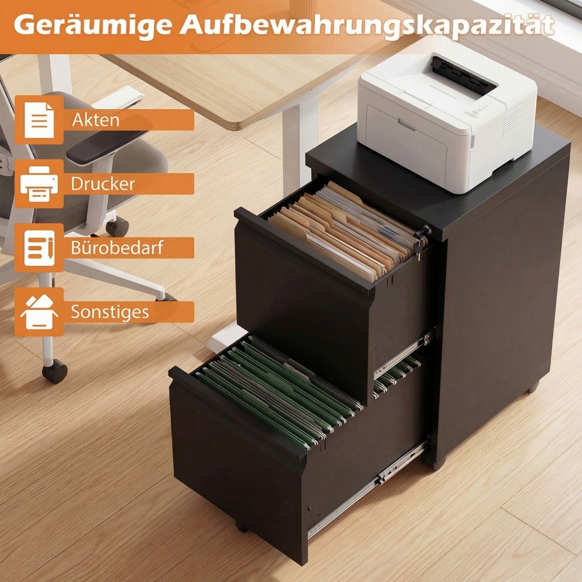 Metal Mobile File Cabinet with Lock, 2 Drawers, Black