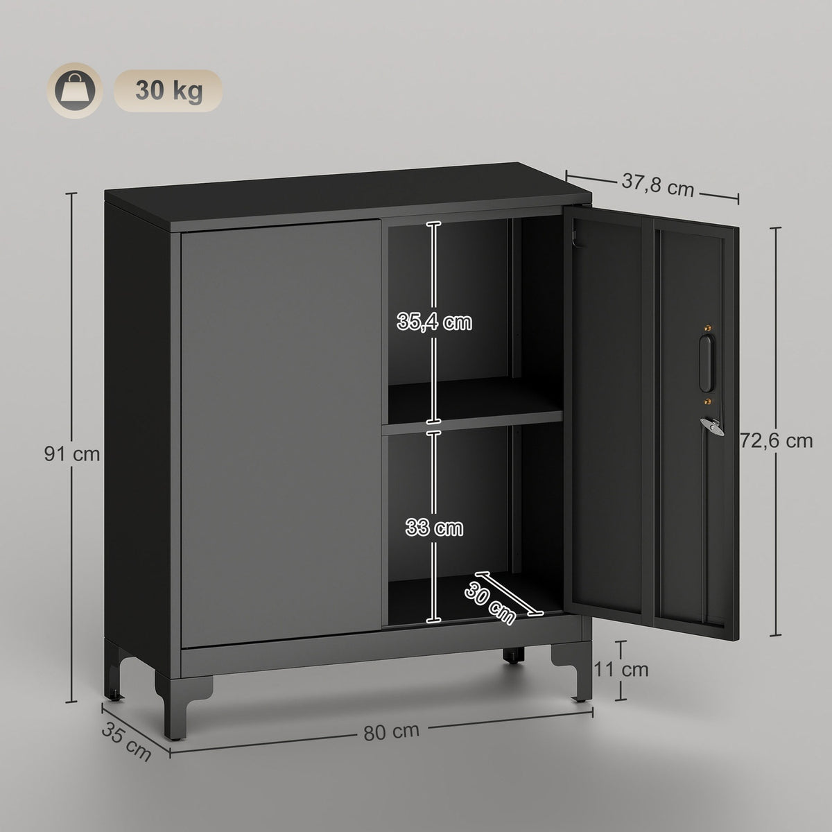Metal Office Cabinet, Lockable Doors, 2-Tier, Black