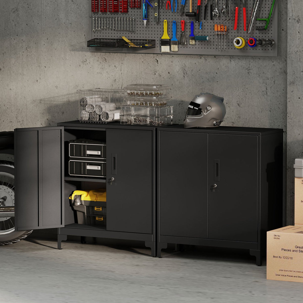 Metal Office Cabinet, Lockable Doors, 2-Tier, Black