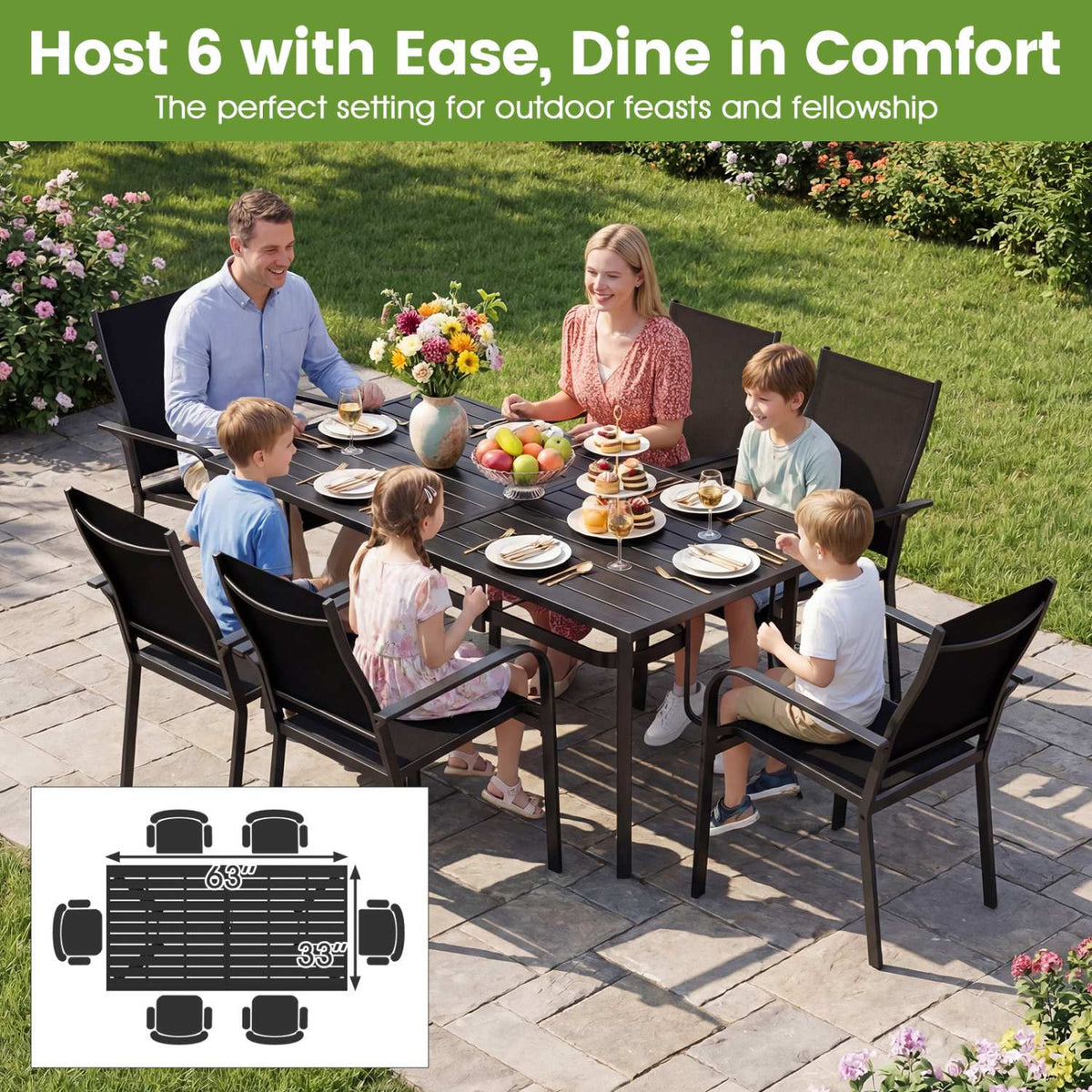 Metal Patio Dining Table 63 x 33, Seats 6, Umbrella Hole