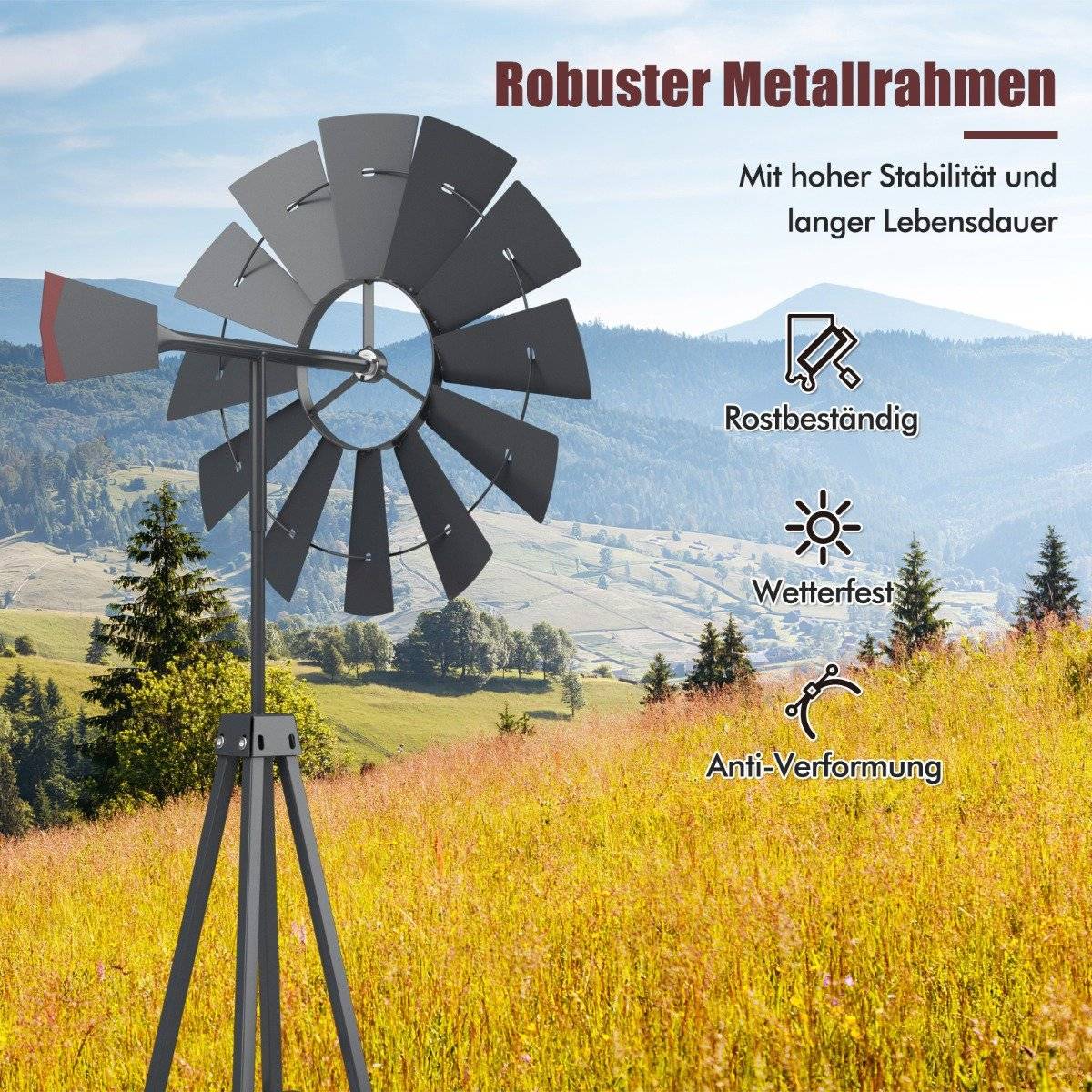Metal Pinwheel with 4 Support Legs Weatherproof Windmill for Garden Yard 67 x 67 x 253 cm Gray