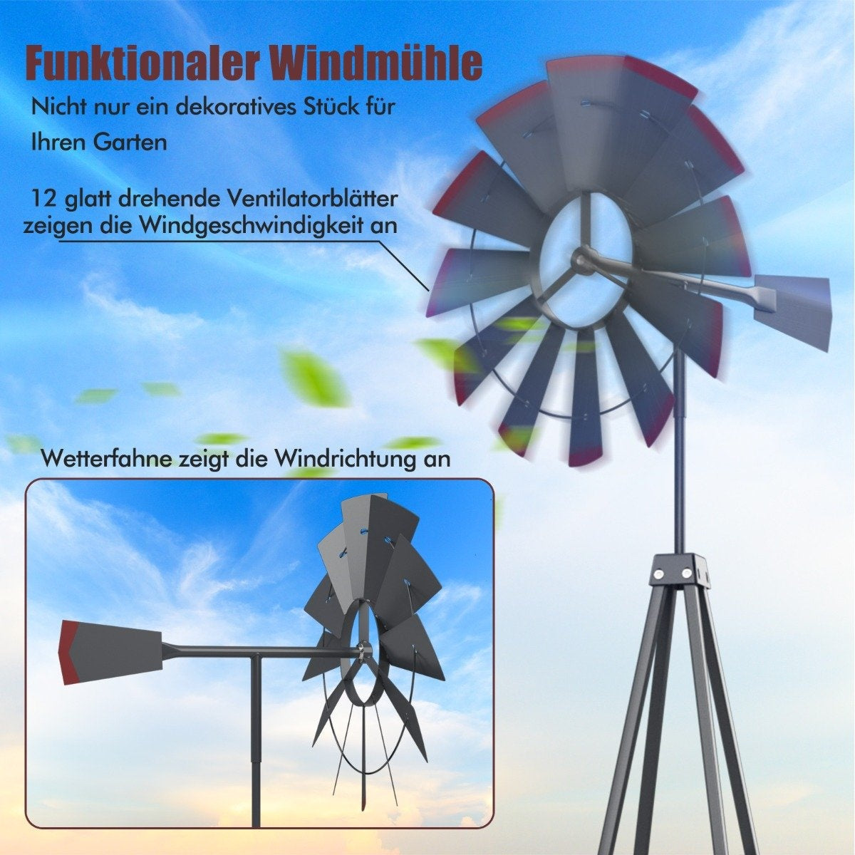 Metal Pinwheel with 4 Support Legs Weatherproof Windmill for Garden Yard 67 x 67 x 253 cm Gray