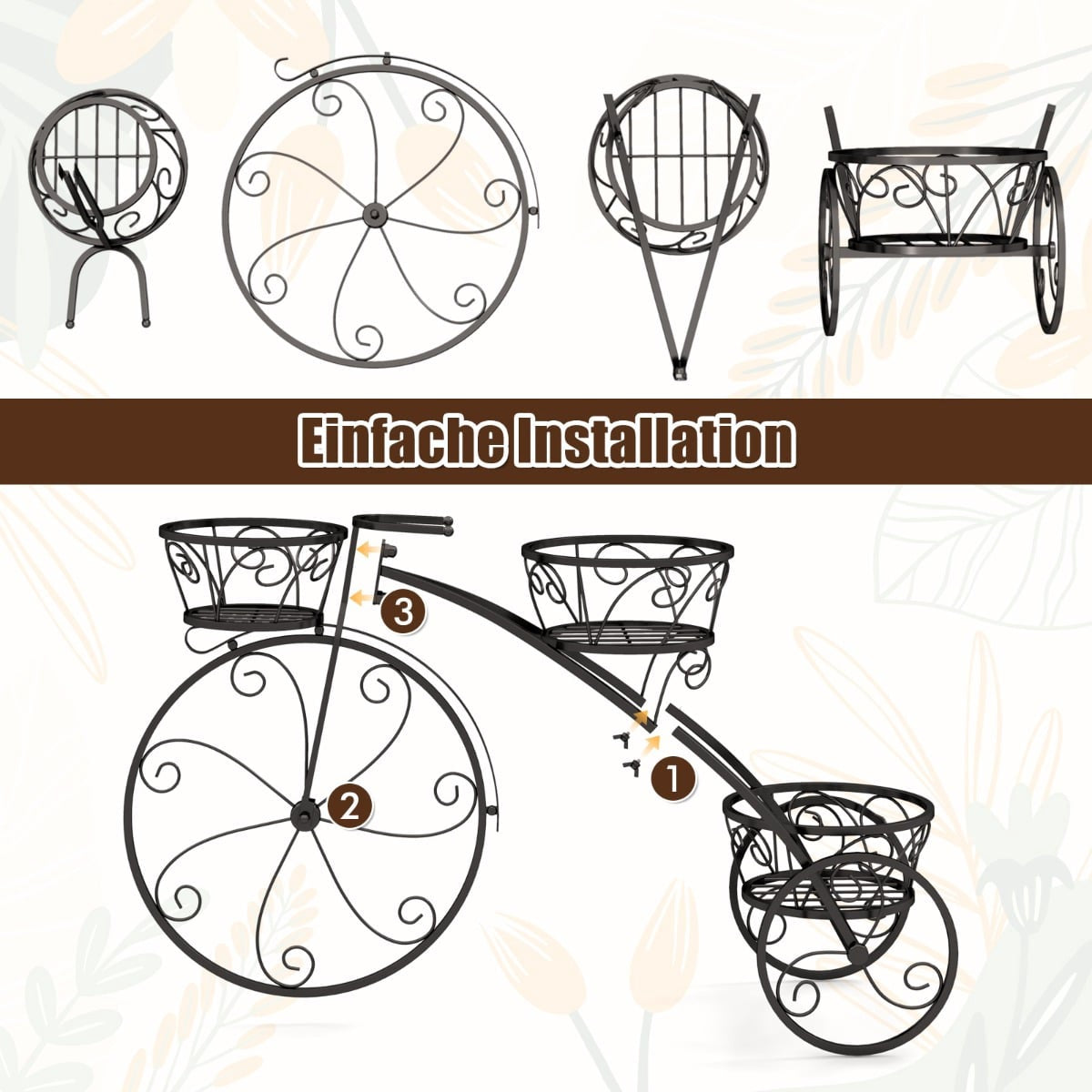Metal Plant Stand with Bicycle Design, 3 Baskets, Black