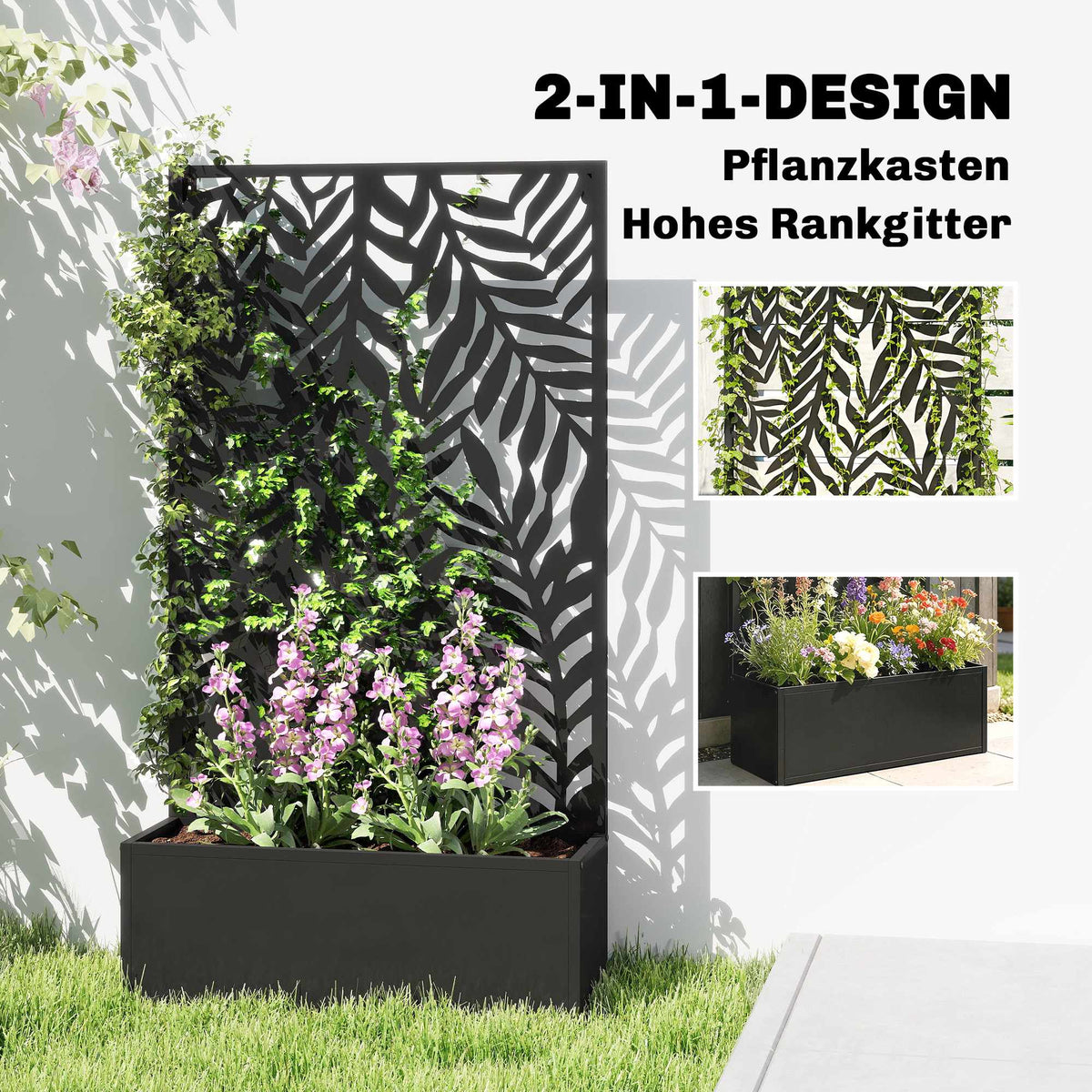 Metal Planter Box with Trellis, 20L Capacity, Black