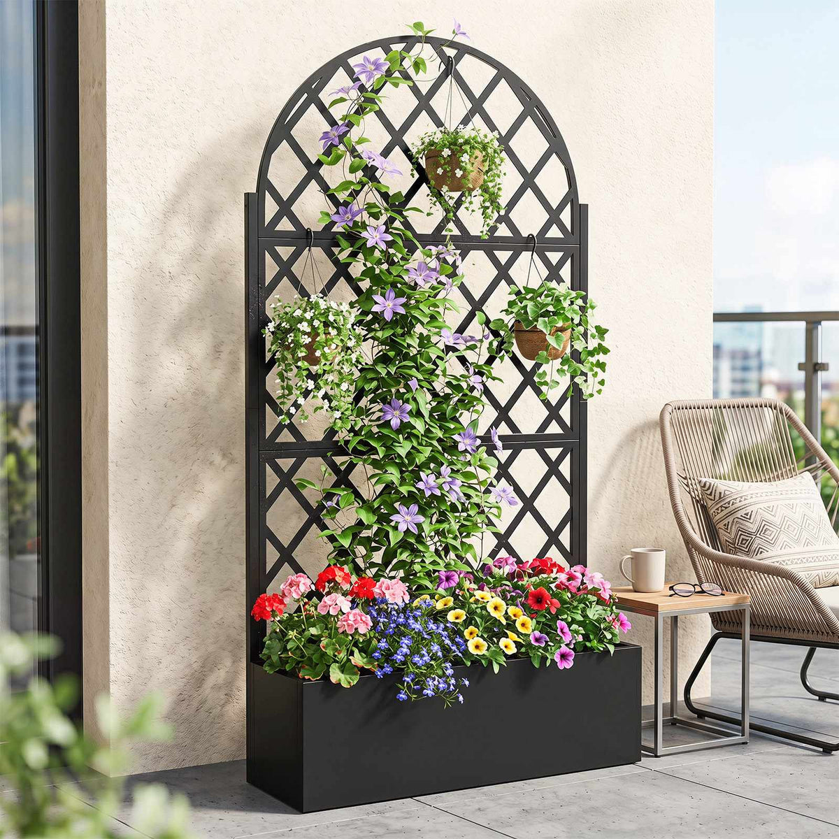 Metal Planter Box with Trellis, Black, 90 x 40 x 180 cm