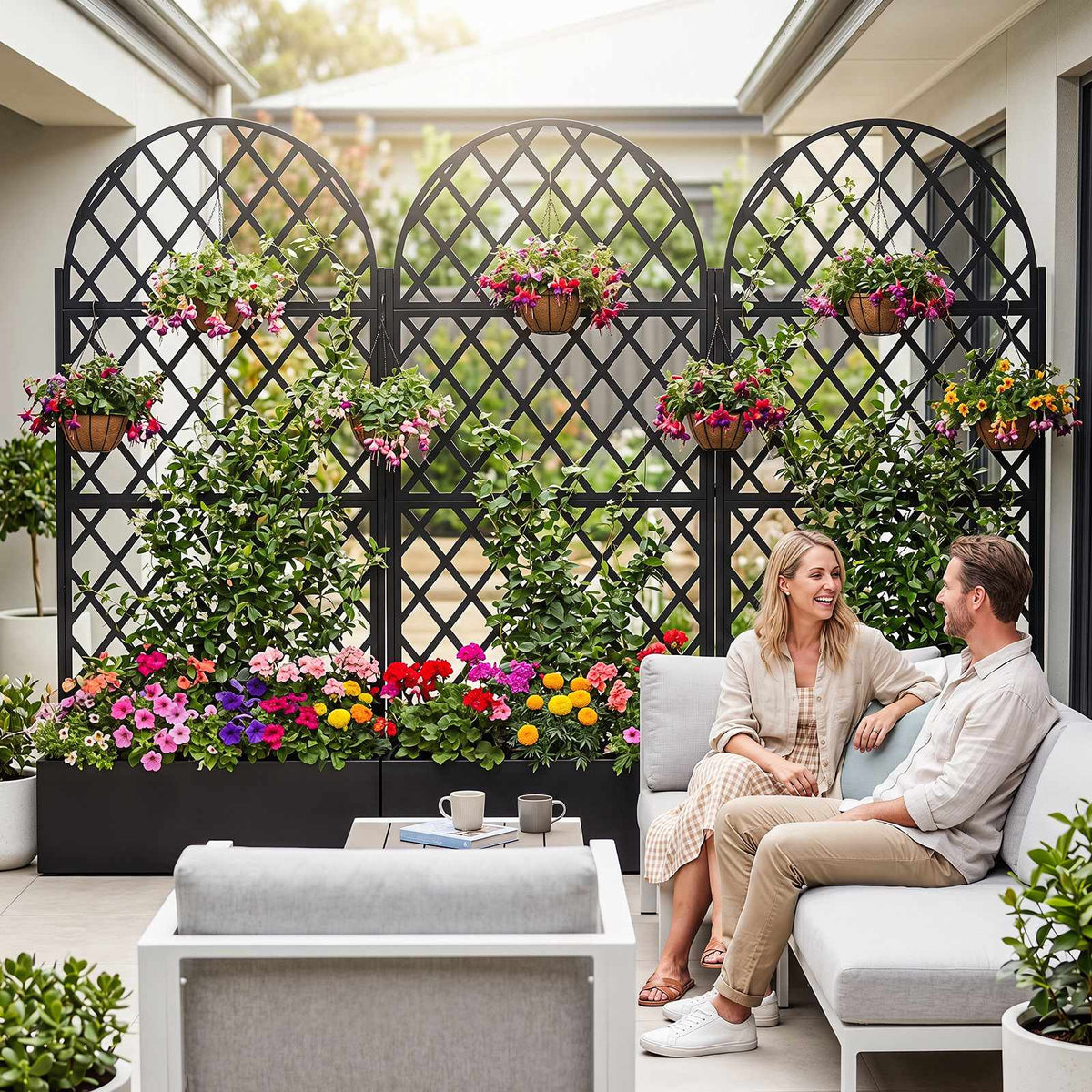 Metal Planter Box with Trellis, Black, 90 x 40 x 180 cm
