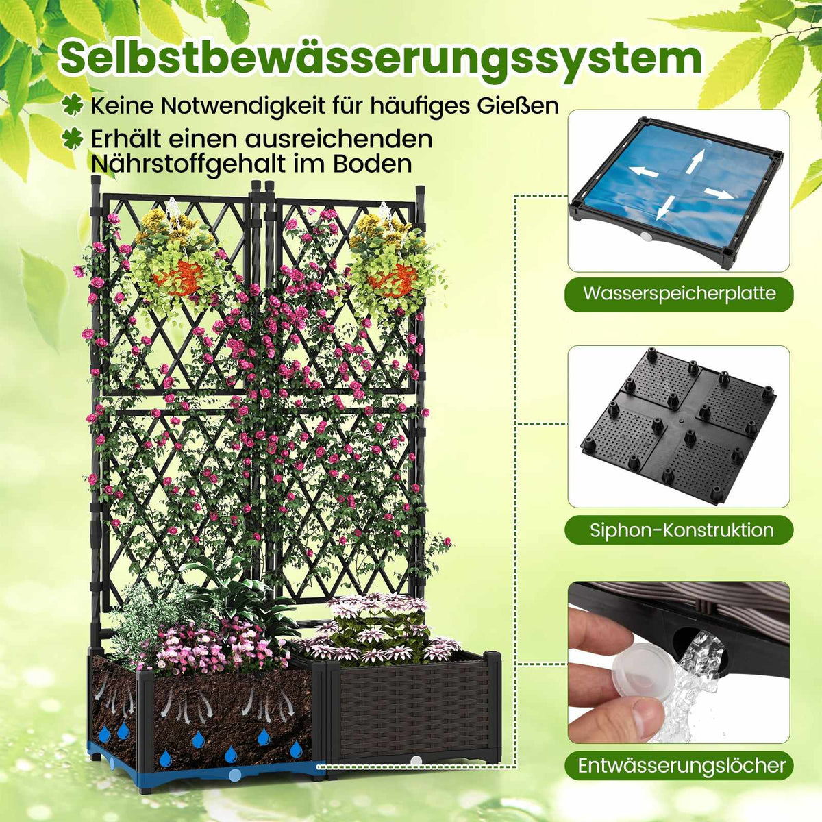 Metal Planter Box with Trellis, Self-Watering, 80x40x126 cm