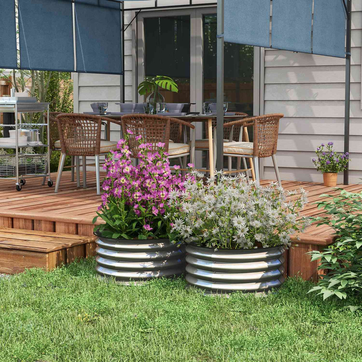 Metal Raised Bed Set of 2 Flower Box Herb Bed Plant Box with Open Base Vegetable Bed for Garden Silver 60 x 60 x 30 cm