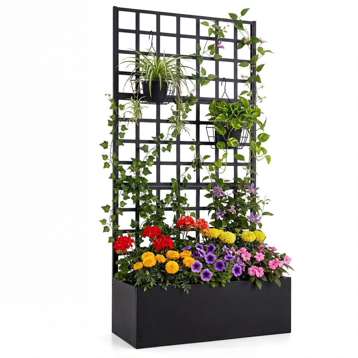 Metal Raised Garden Bed With Trellis, Drainage Holes, Black