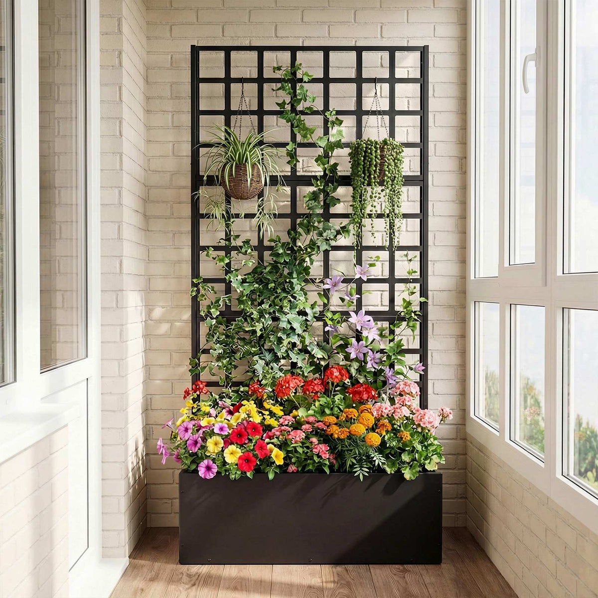 Metal Raised Garden Bed With Trellis, Drainage Holes, Black