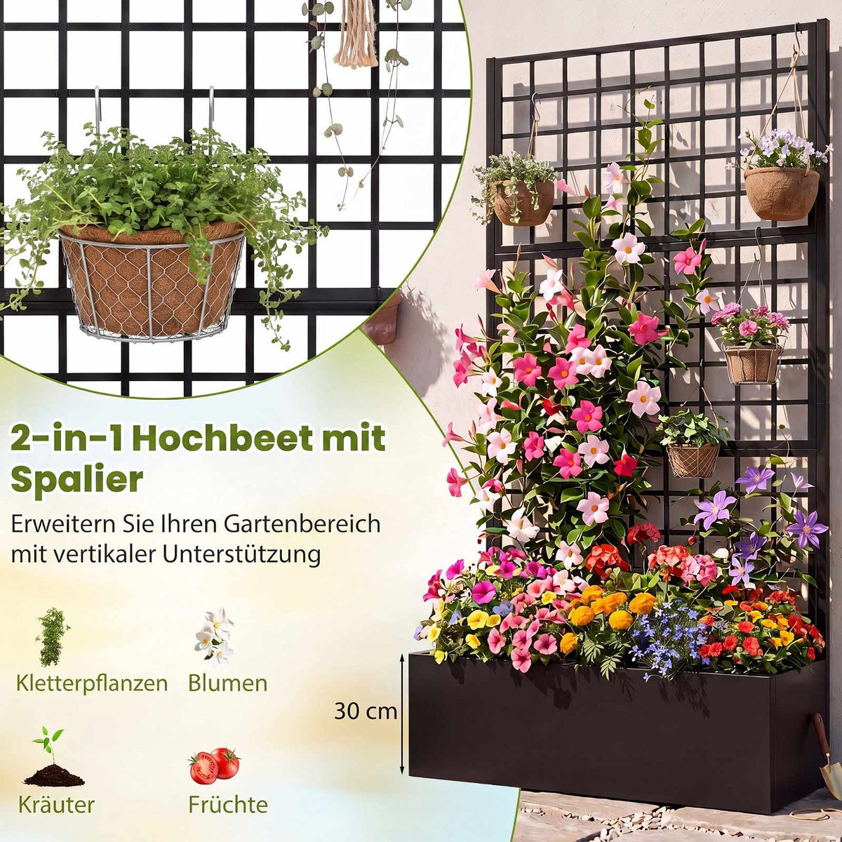 Metal Raised Garden Bed with Trellis – Black