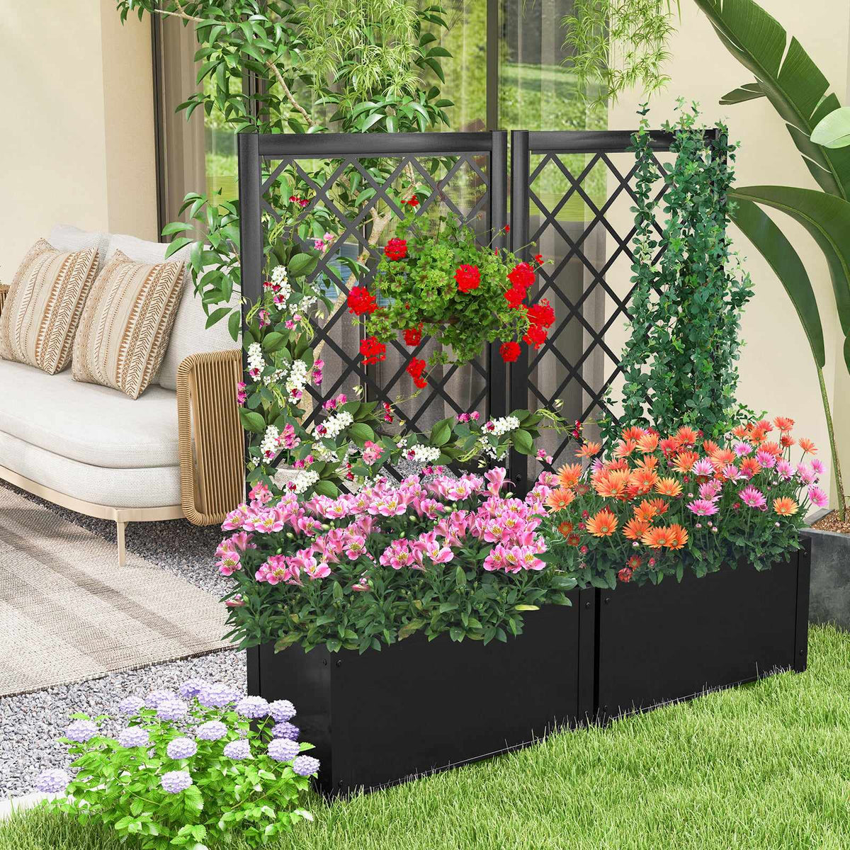 Metal Raised Planter Box with Trellis for Climbing Plants