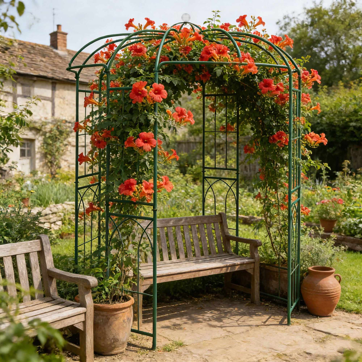 Metal Rose Arbour with Trellis Panels – Dark Green