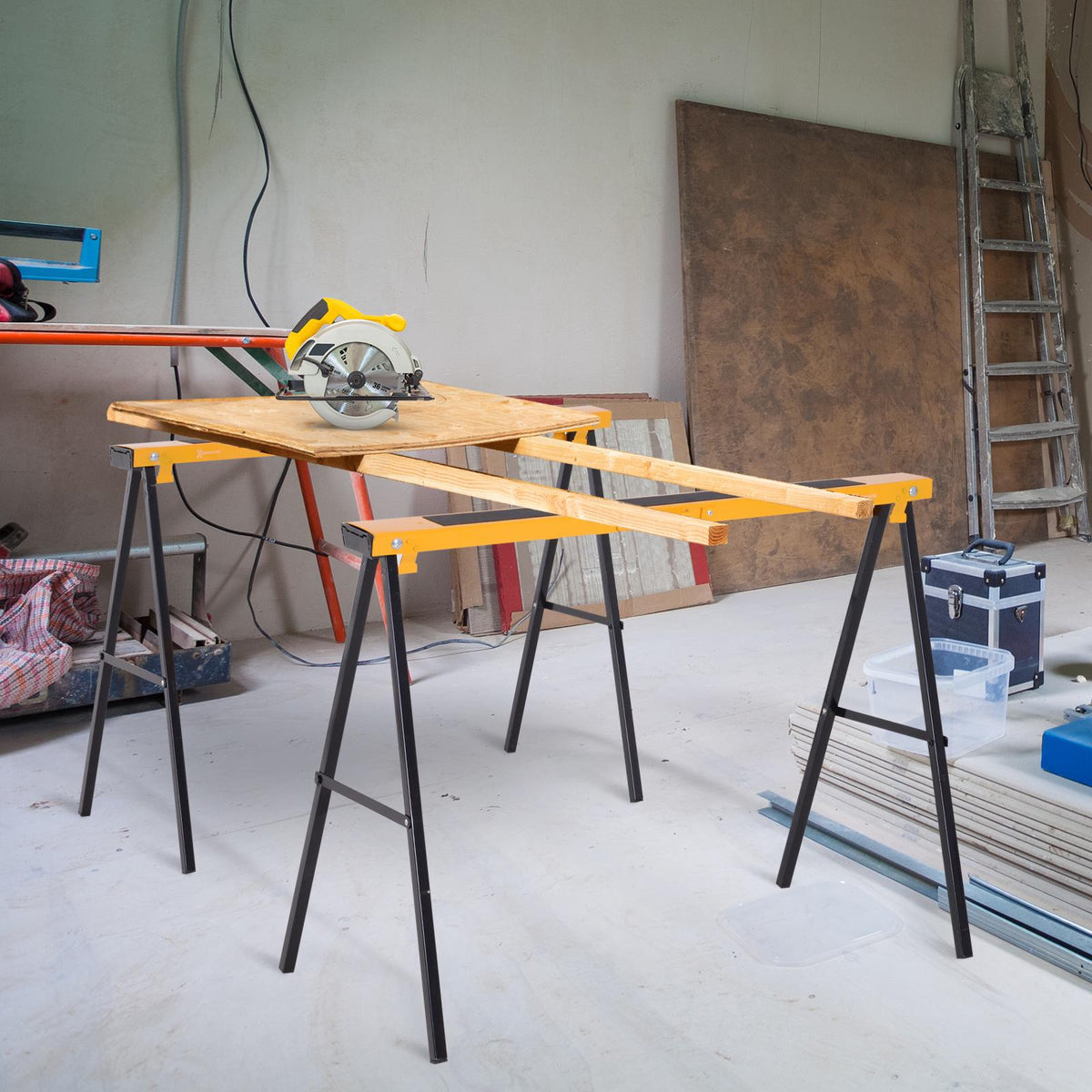 Metal Sawhorse Set, 250kg Capacity, Yellow, Foldable