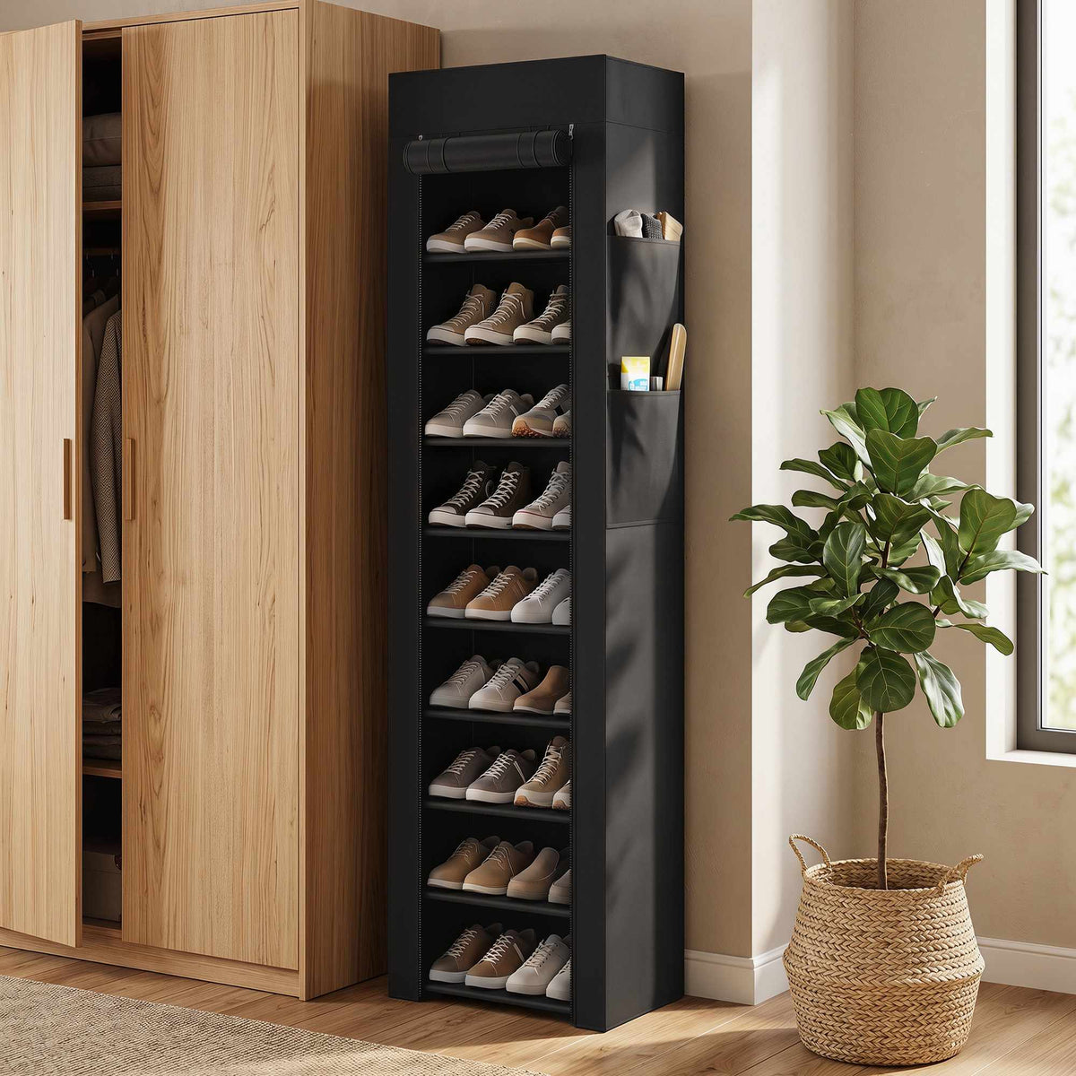 Metal Shoe Rack with Dustproof Cover, Holds 20 Pairs, Black