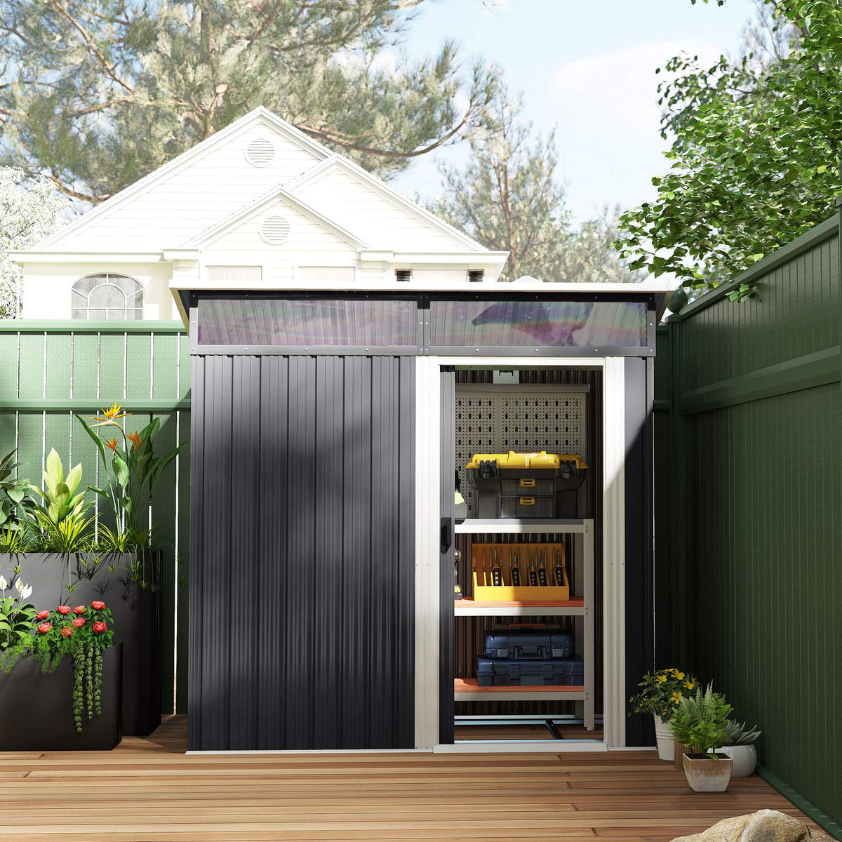 Metal Tool Shed 1.9m² 195x122x182cm Tool Shed with Foundation Pent Roof Window Sliding Door Hook Gloves Weatherproof Garden Shed Outdoor Garden Shed for Backyard Garden Dark Gray |