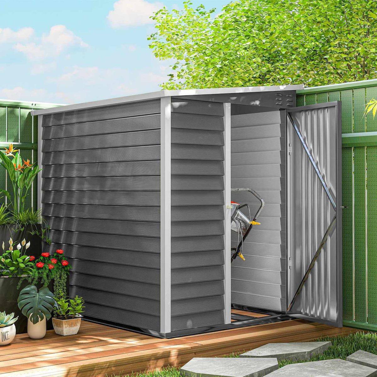 Metal Tool Shed 2.3m² 142x184x181cm Tool Shed with Foundation Pent Roof Window Lockable Door Gloves Weatherproof Garden Shed Outdoor Garden Shed for Garden Backyard Light Gray |
