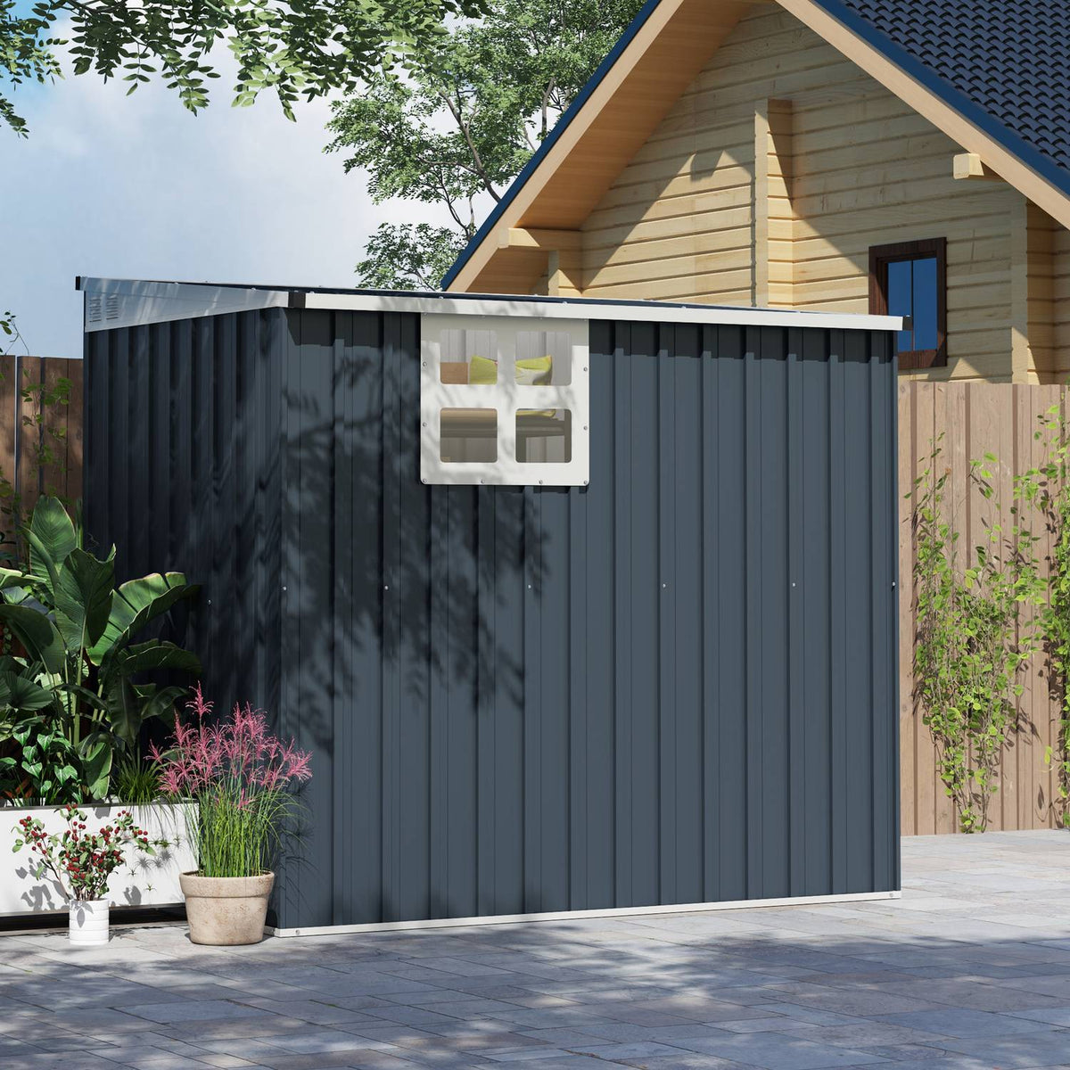 Metal Tool Shed 2.7m² 128x193x181cm Tool Shed with Pent Roof Window Lockable Door Weatherproof Garden Shed Outdoor Garden Shed for Backyard Outdoor Area Dark Gray