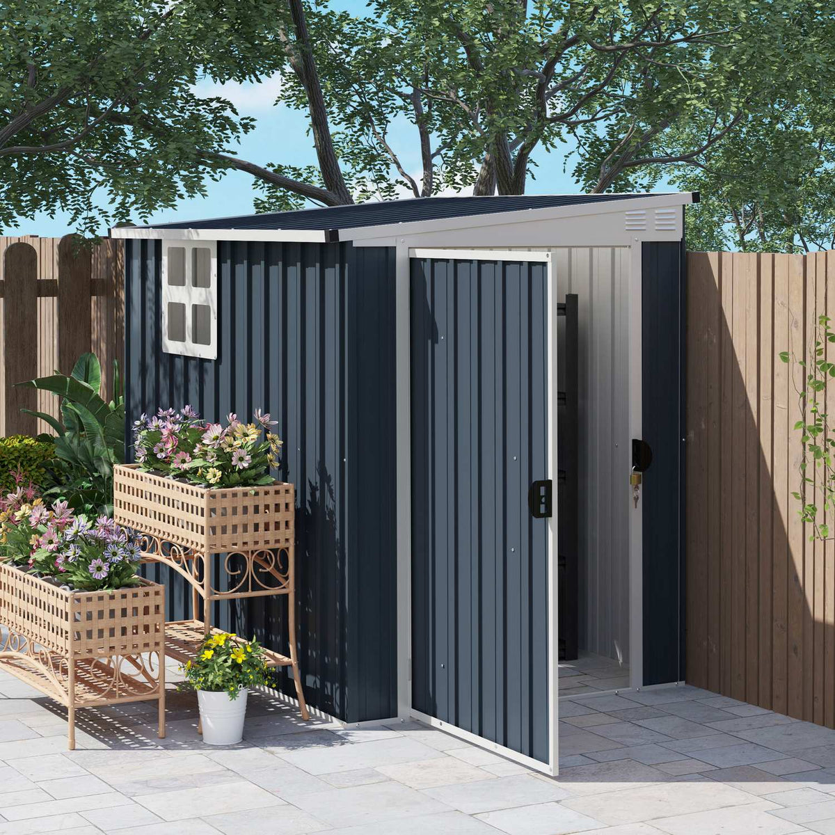 Metal Tool Shed 2.7m² 128x193x181cm Tool Shed with Pent Roof Window Lockable Door Weatherproof Garden Shed Outdoor Garden Shed for Backyard Outdoor Area Dark Gray