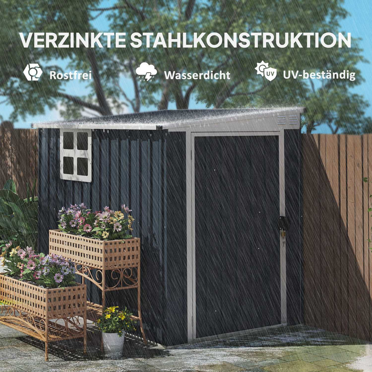 Metal Tool Shed 2.7m² 128x193x181cm Tool Shed with Pent Roof Window Lockable Door Weatherproof Garden Shed Outdoor Garden Shed for Backyard Outdoor Area Dark Gray