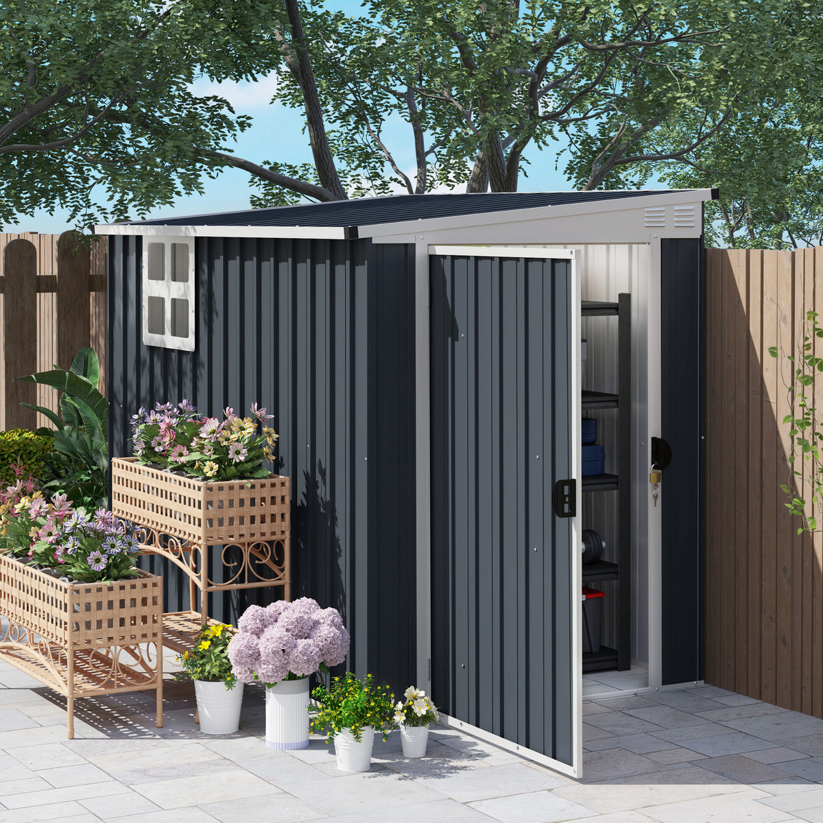 Metal Tool Shed 2.7m² 128x231x181cm Tool Shed with Pent Roof Window Lockable Door Weatherproof Garden Shed Outdoor Garden Shed for Backyard Outdoor Area Dark Gray