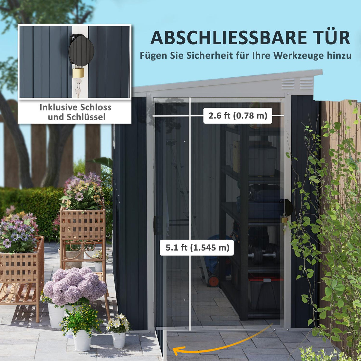Metal Tool Shed 2.7m² 128x231x181cm Tool Shed with Pent Roof Window Lockable Door Weatherproof Garden Shed Outdoor Garden Shed for Backyard Outdoor Area Dark Gray