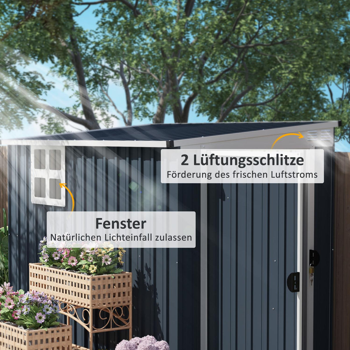Metal Tool Shed 2.7m² 128x231x181cm Tool Shed with Pent Roof Window Lockable Door Weatherproof Garden Shed Outdoor Garden Shed for Backyard Outdoor Area Dark Gray