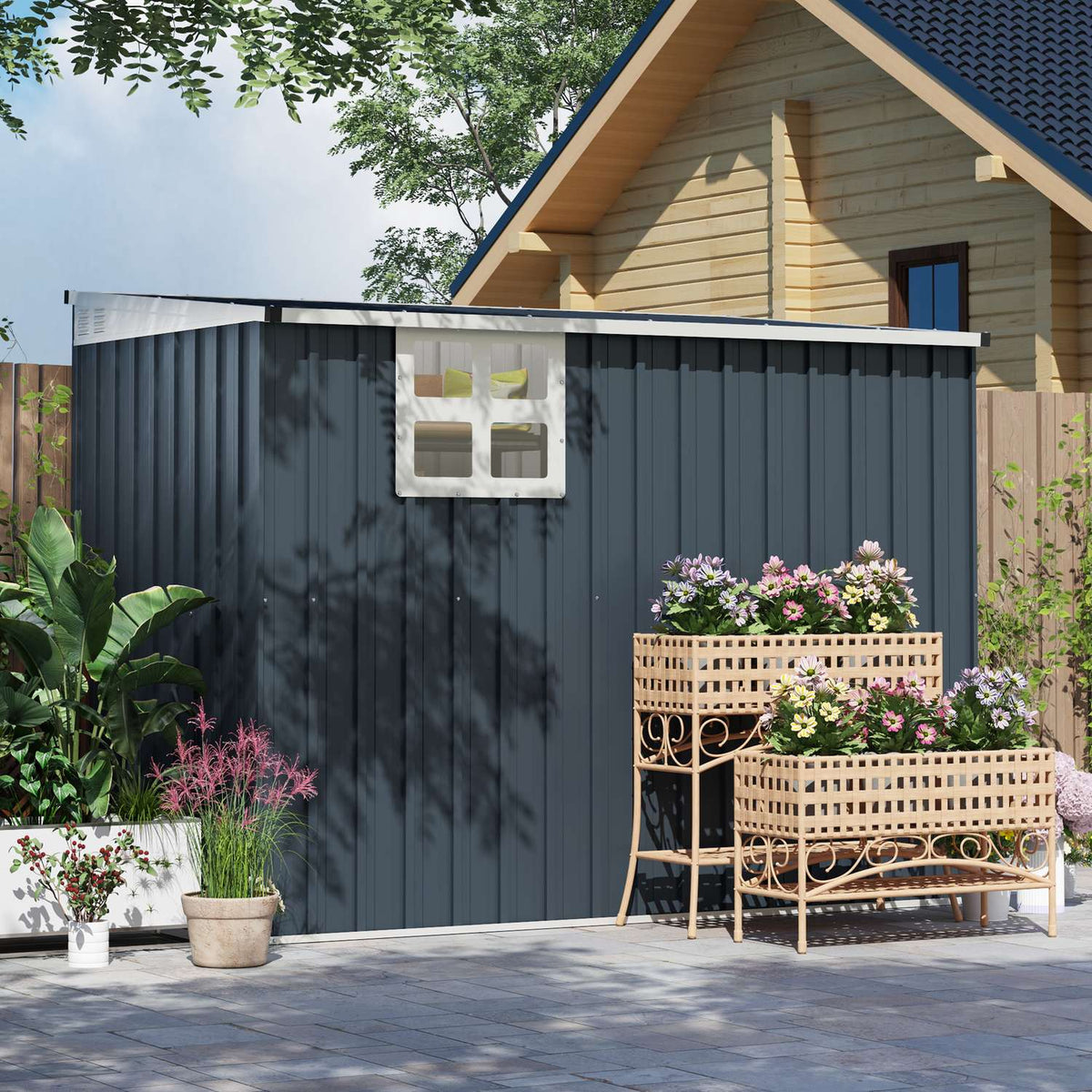 Metal Tool Shed 2.7m² 128x231x181cm Tool Shed with Pent Roof Window Lockable Door Weatherproof Garden Shed Outdoor Garden Shed for Backyard Outdoor Area Dark Gray