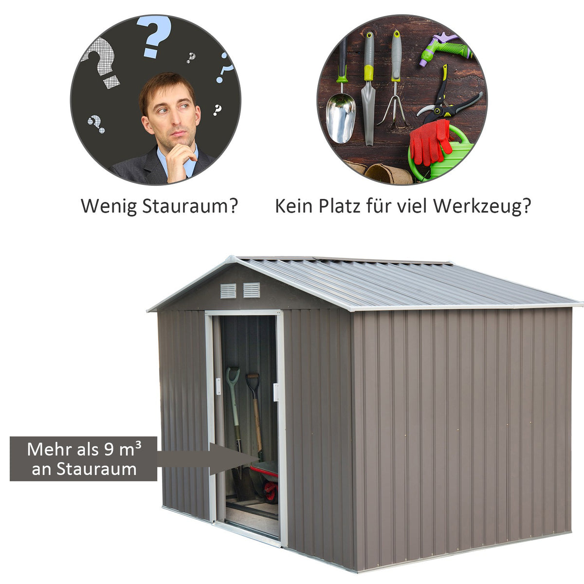 Metal Tool Shed Garden Shed With Foundation, Tool Shed, Weatherproof, Grey, 277X195X192Cm