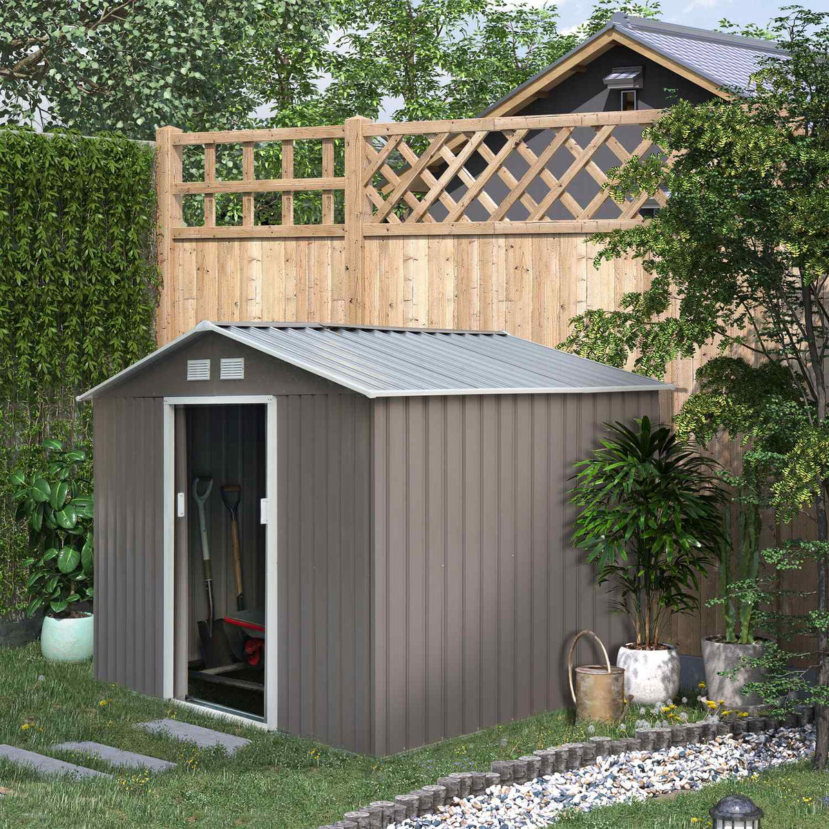 Metal Tool Shed Garden Shed With Foundation, Tool Shed, Weatherproof, Grey, 277X195X192Cm