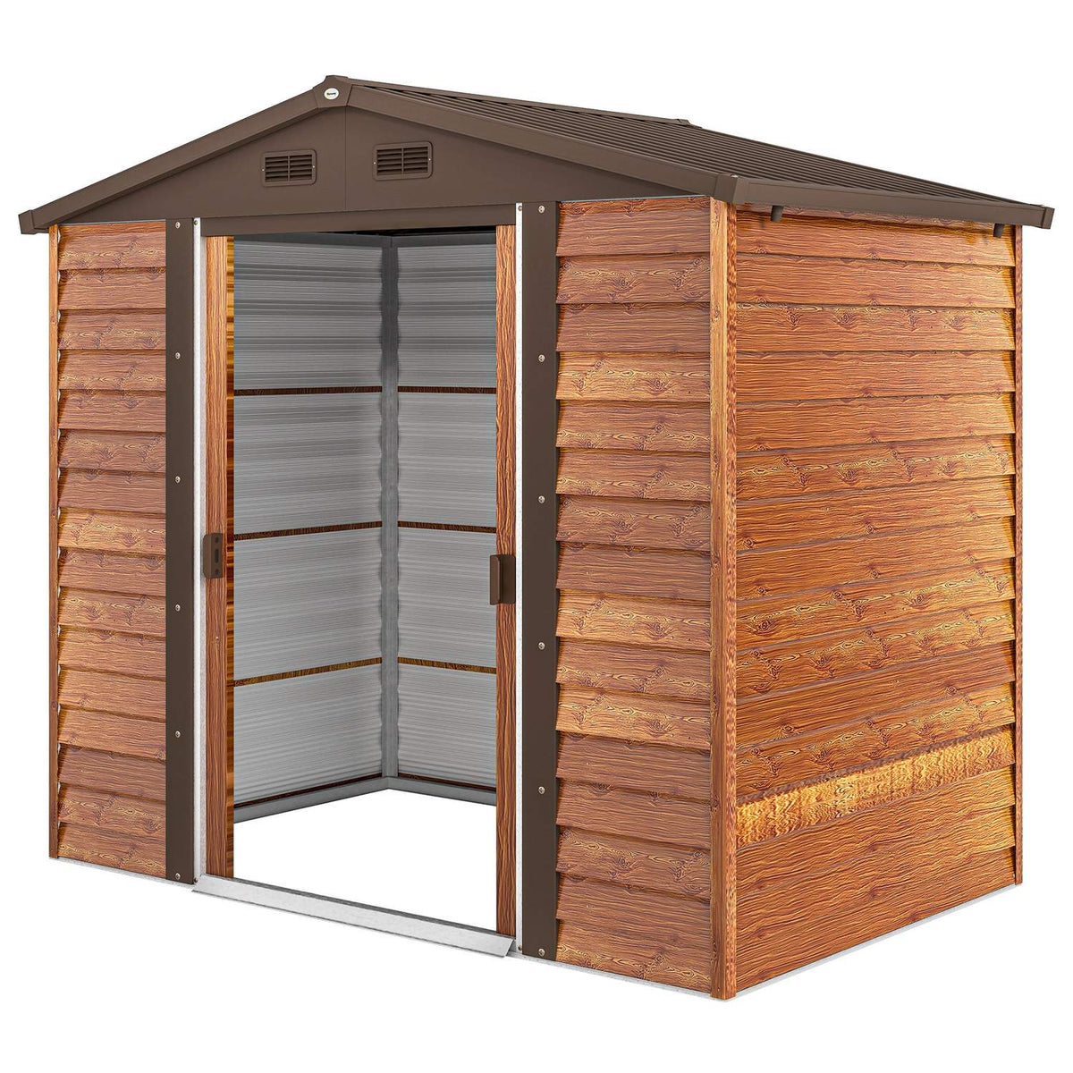 Metal Tool Shed in Wood Look 3 m² 152 x 235.7 x 208.7 cm Tool Shed with Gable Roof Window Double Sliding Doors Weatherproof Garden Shed Outdoor Garden Shed for Backyard Brown |