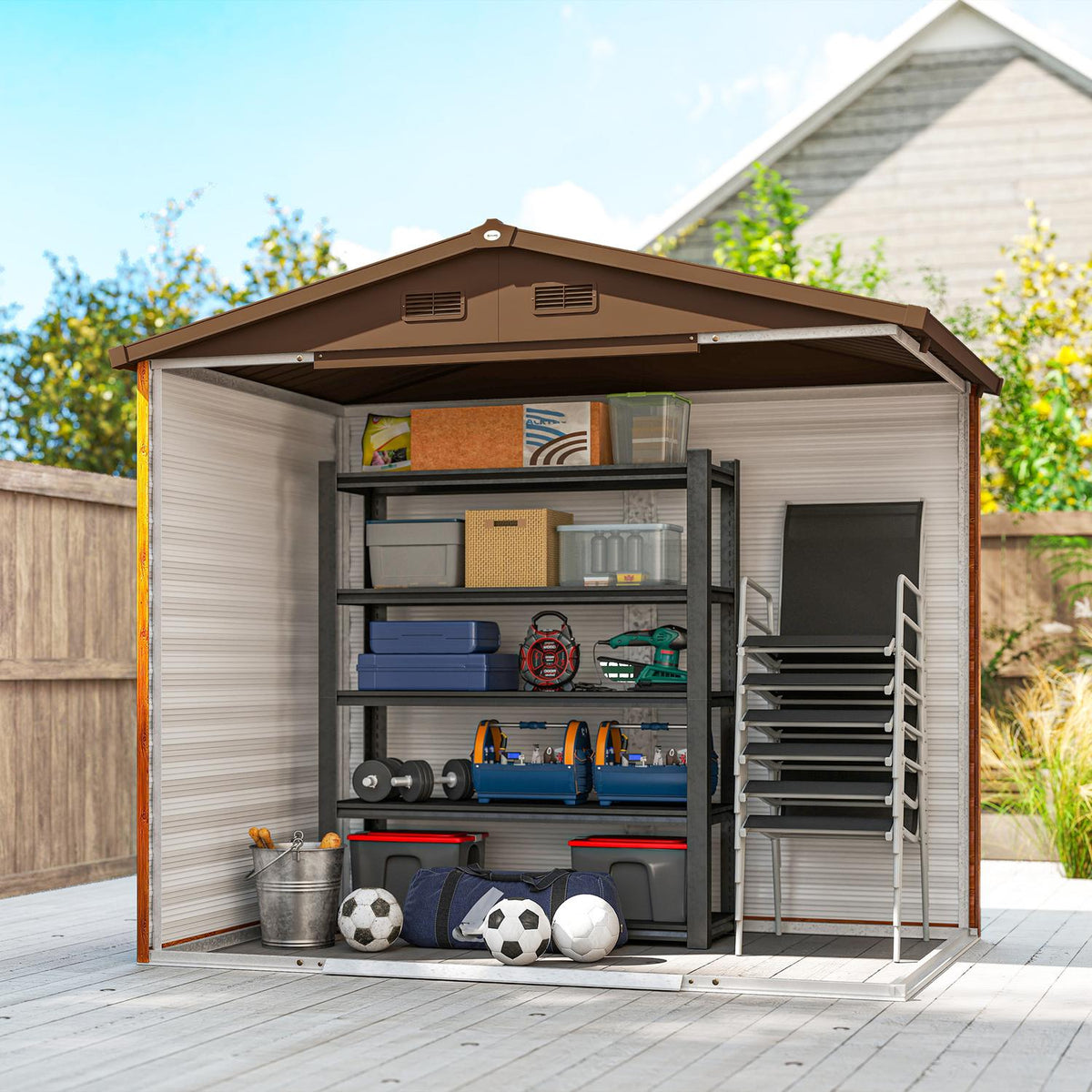 Metal Tool Shed in Wood Look 3 m² 152 x 235.7 x 208.7 cm Tool Shed with Gable Roof Window Double Sliding Doors Weatherproof Garden Shed Outdoor Garden Shed for Backyard Brown |