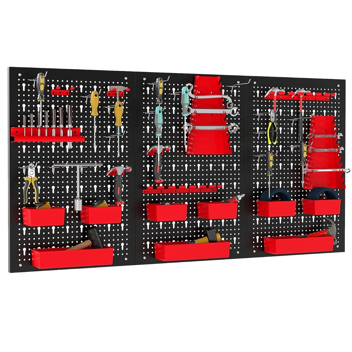 Metal Tool Wall with 9 Storage Boxes & Holders, Red