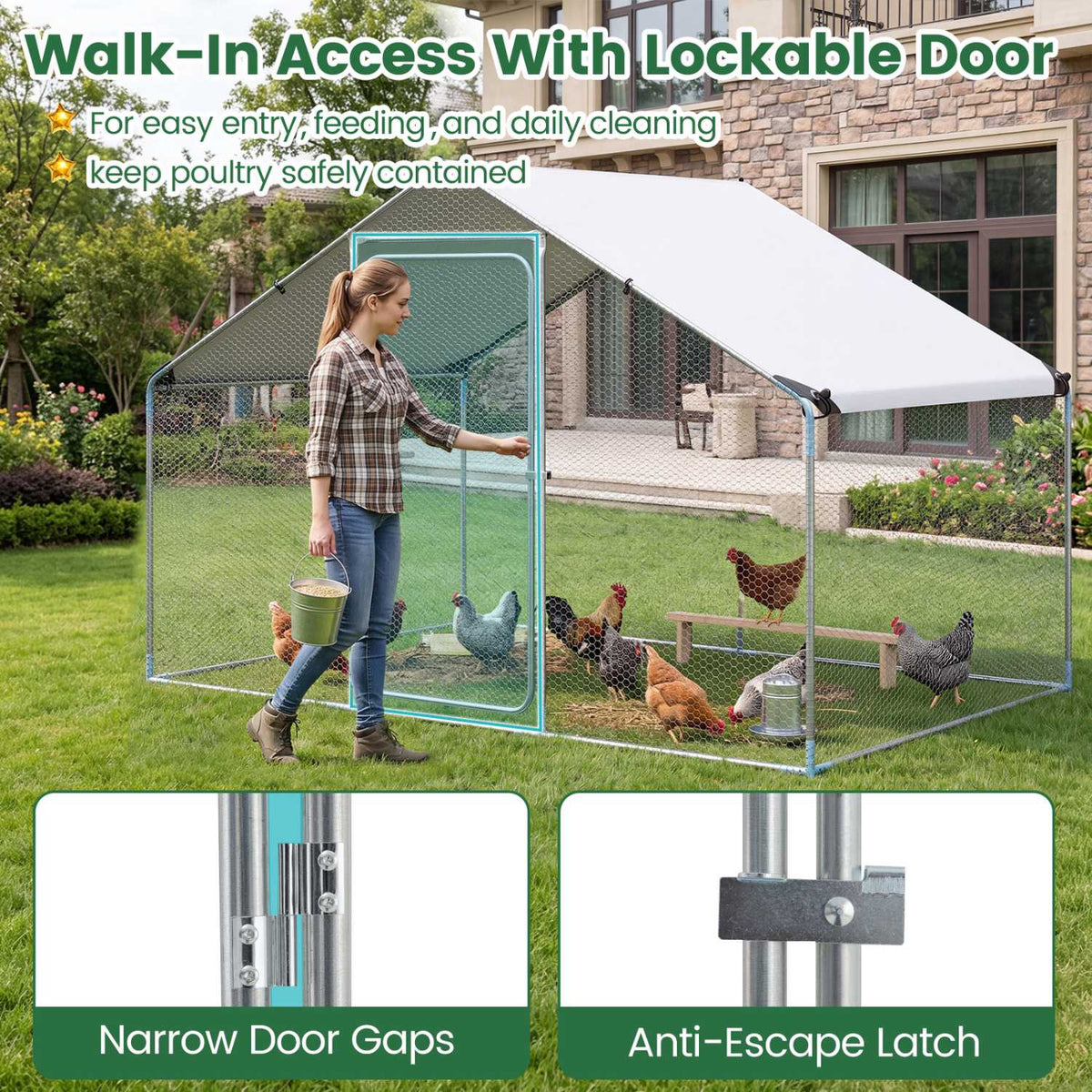 Metal Walk-In Chicken Coop, 300 x 203 x 202 cm, PE Canopy