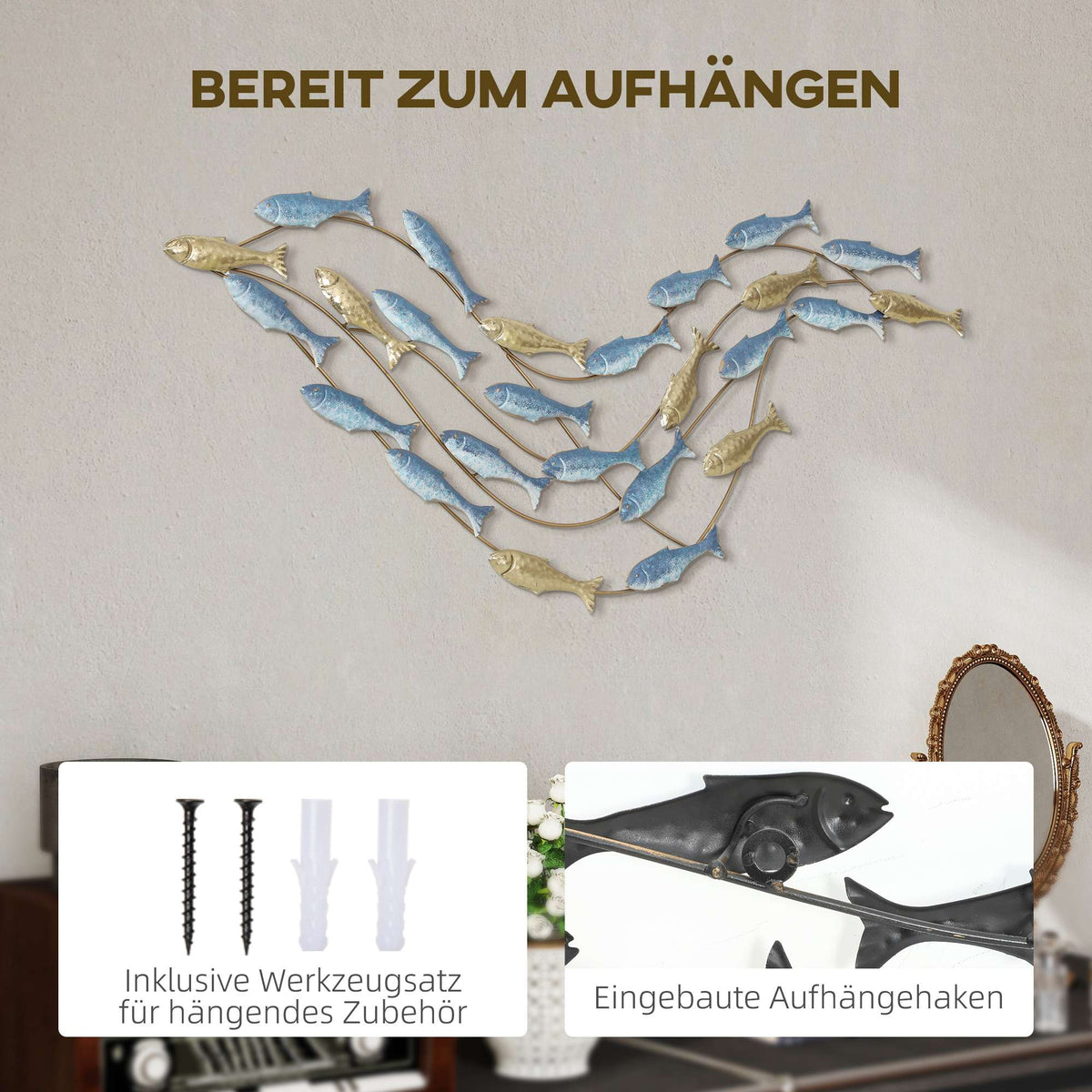 Metal Wall Art, Fish Design, Rust-Resistant, Light Blue