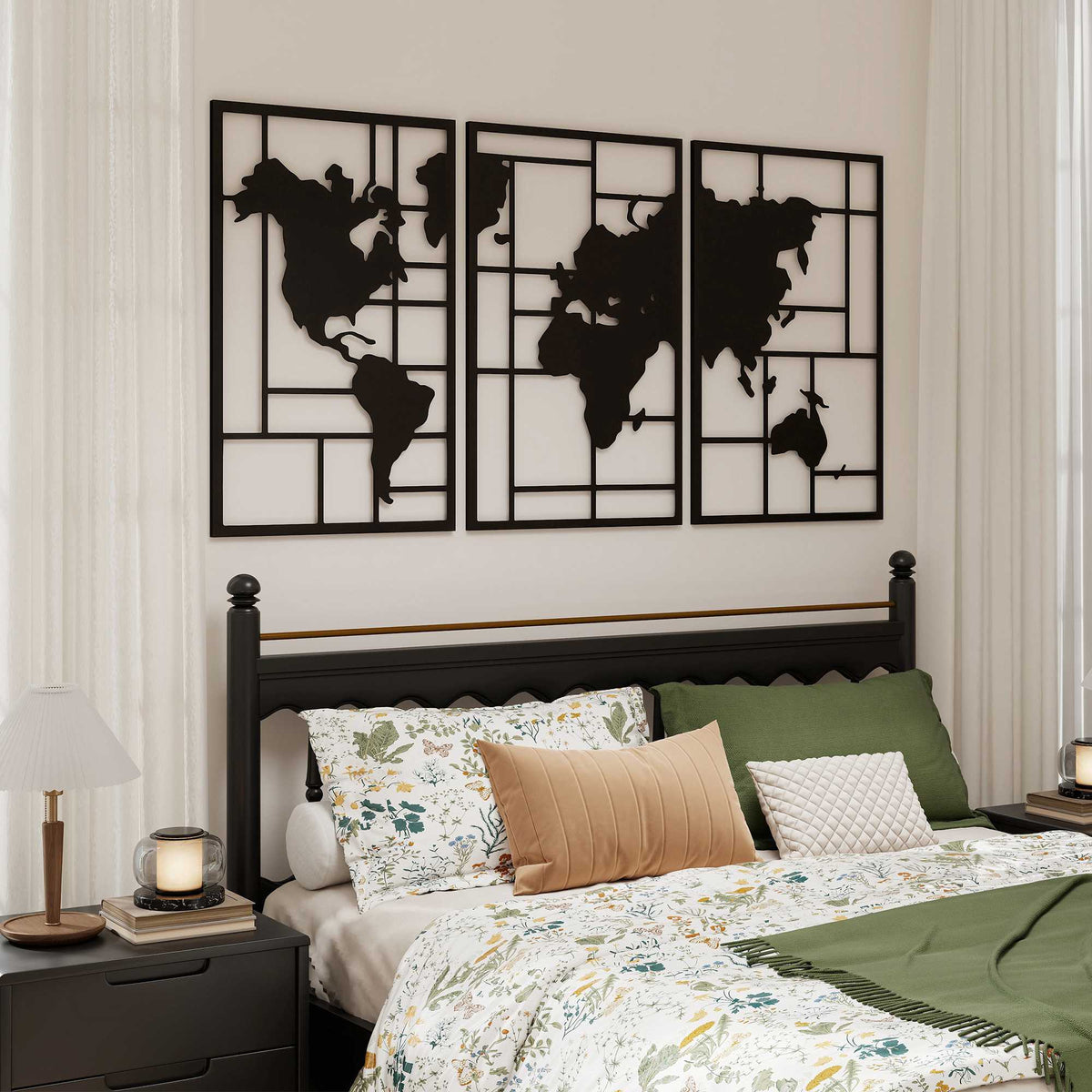 Metal Wall Art Set – 3-Piece World Map, 50x80 cm, Black