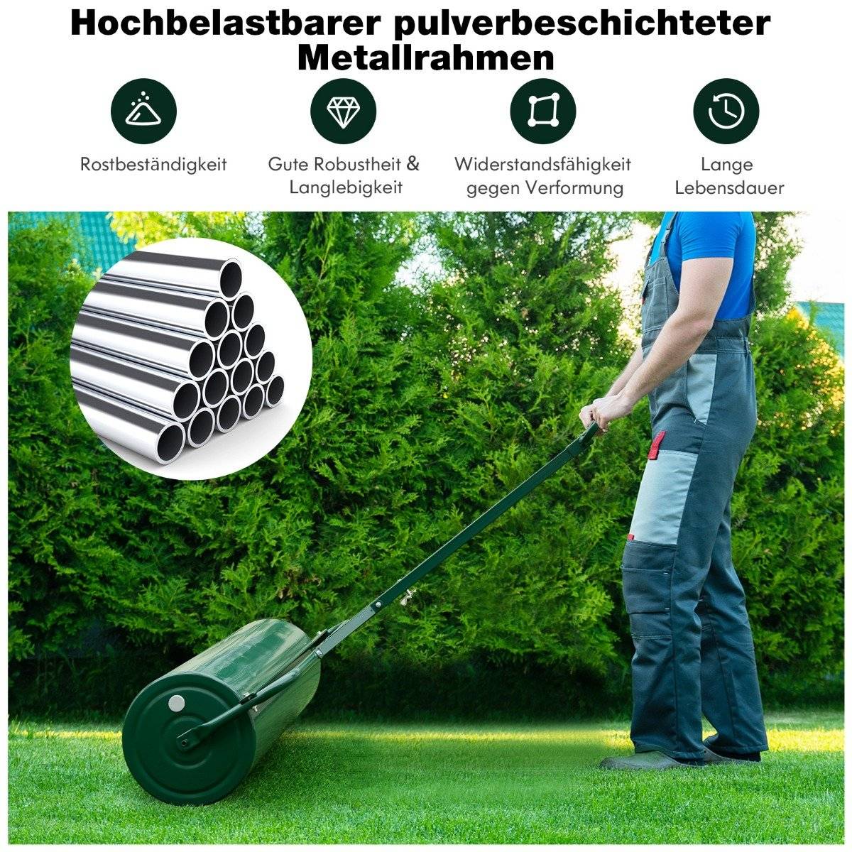 Metal lawn roller, grass roller for pushing or pulling, 99 x 30 x 137 cm, green