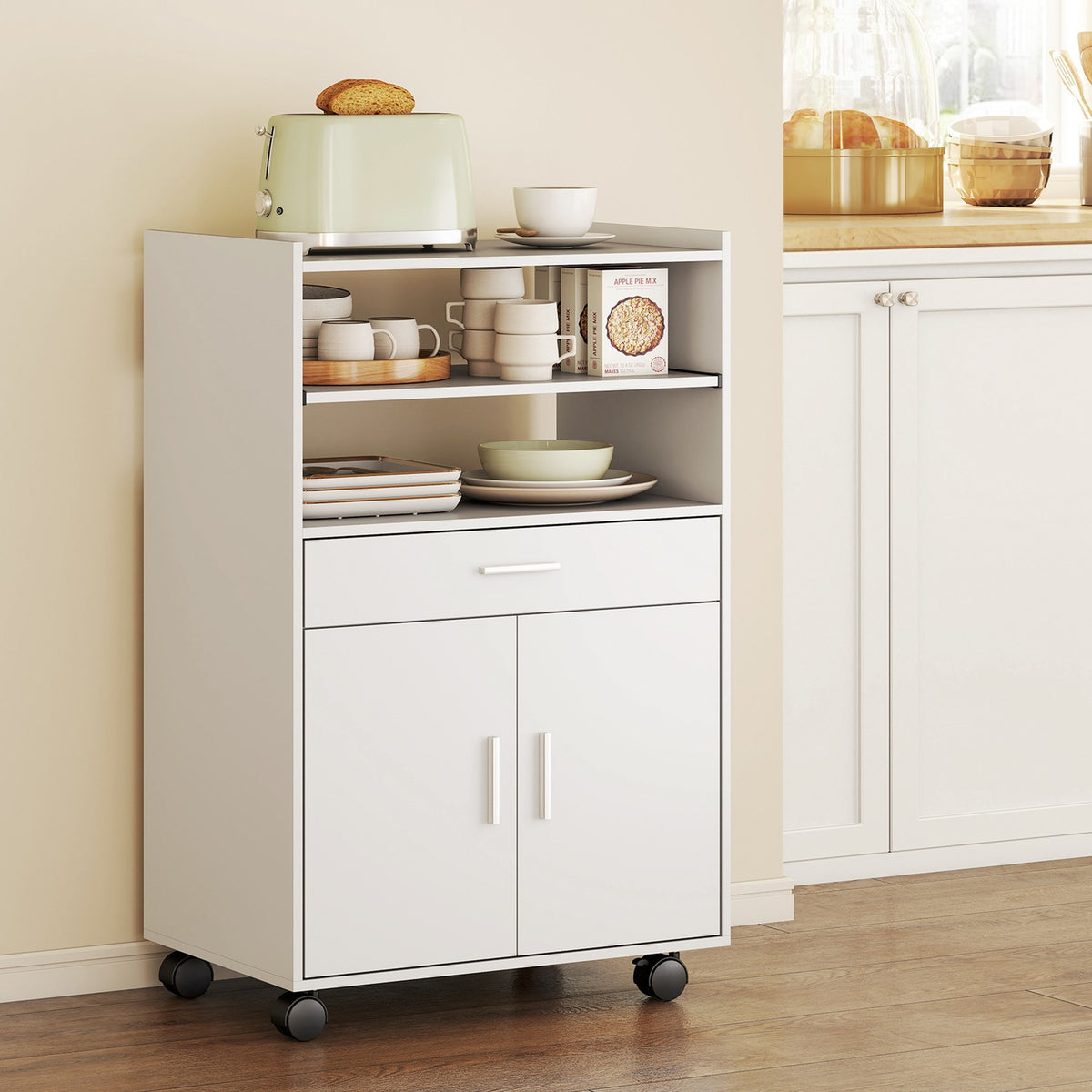 Microwave Cabinet with Drawer and Wheels, White