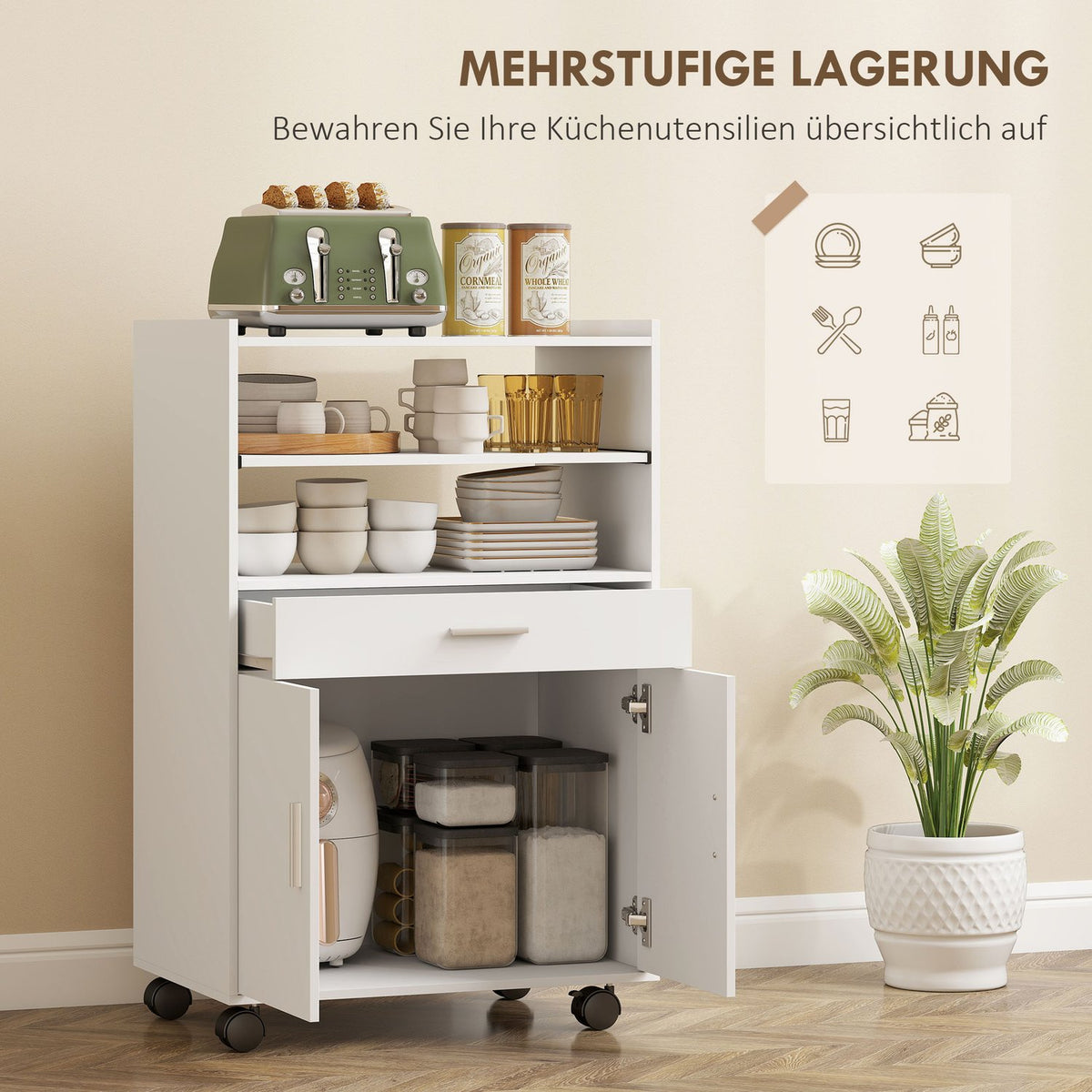 Microwave Cabinet with Drawer and Wheels, White