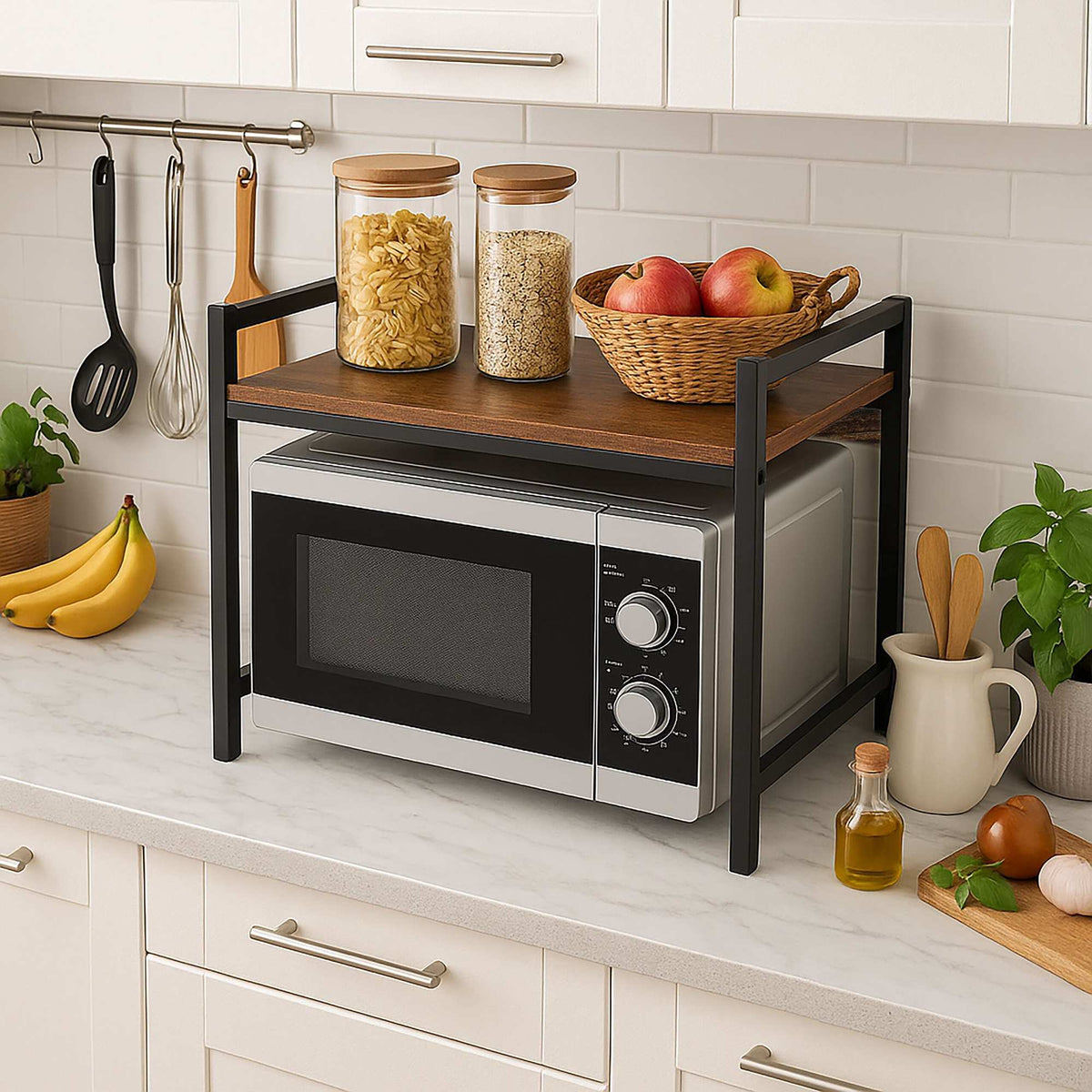 Microwave Shelf with Storage – Metal Frame, Industrial Design