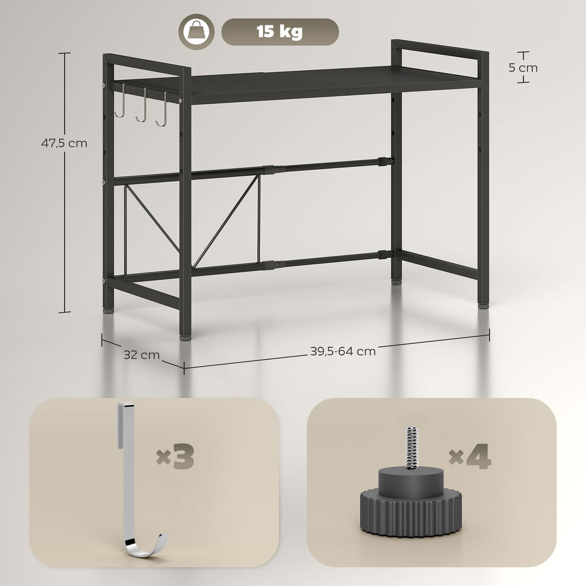 Microwave shelf, 3 hooks, extendable, metal, 40 cm high, black